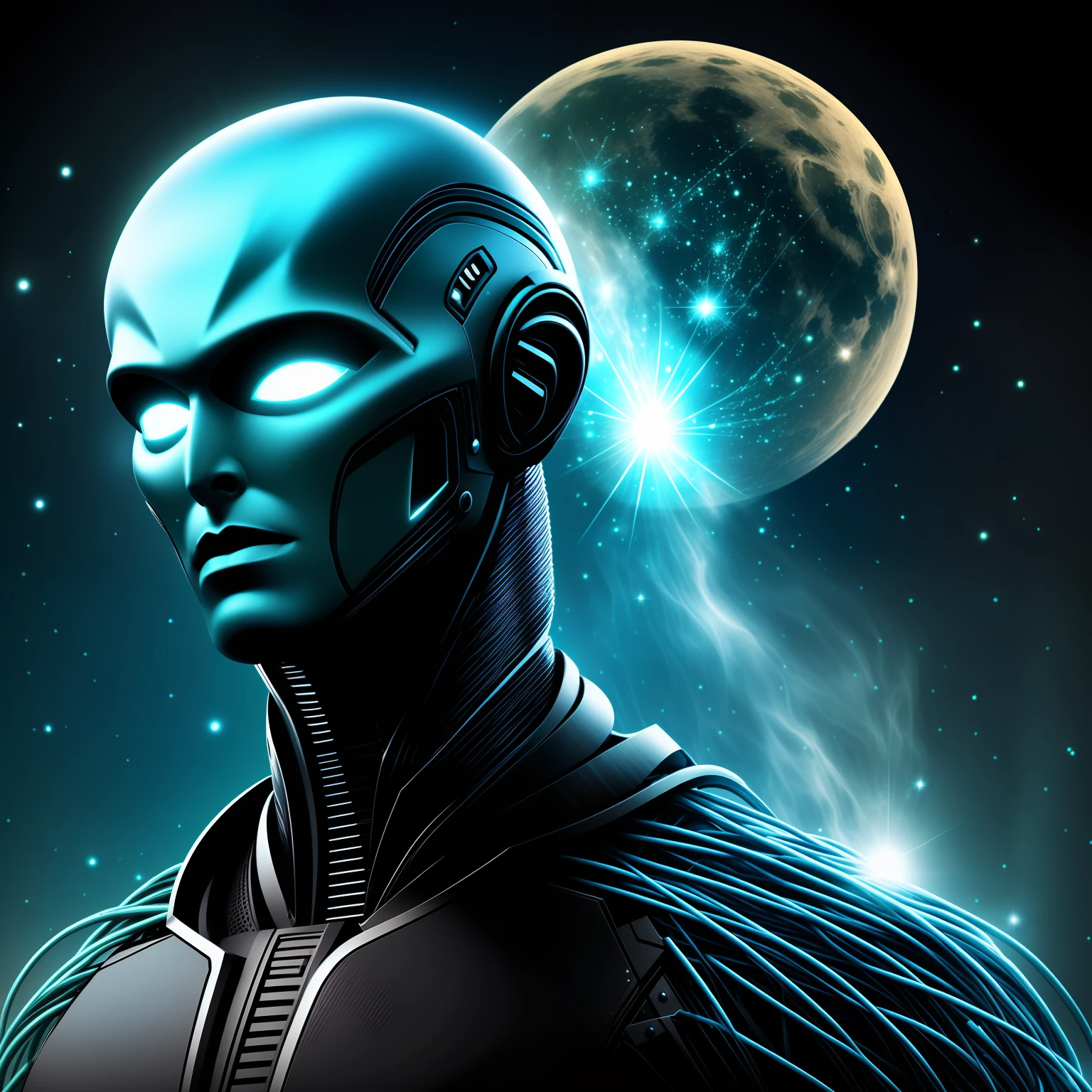 Ghostly portrait of a futuristic alien from another dimension creator of the universe with powerful ancient magic