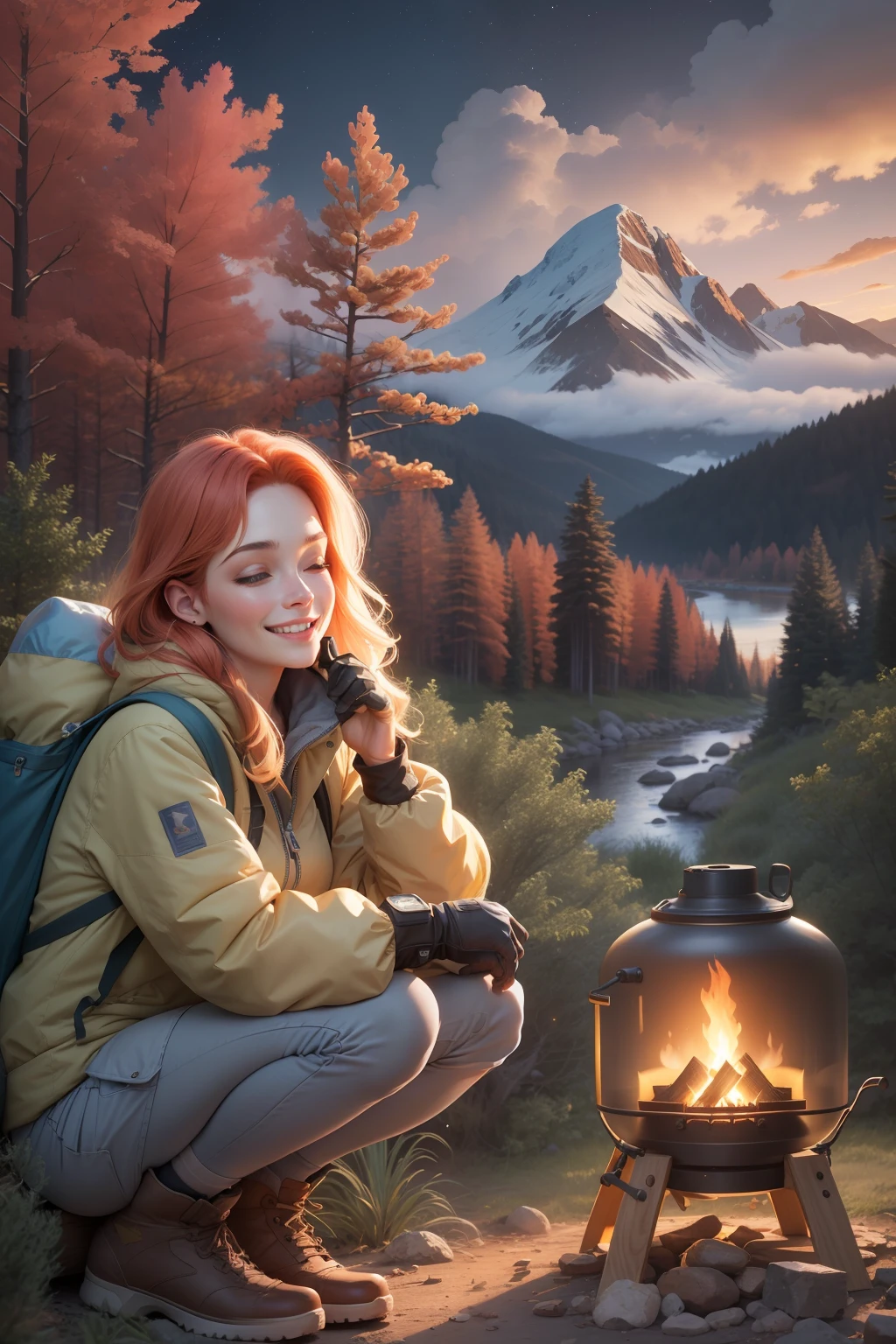 1 woman, red hair with blonde locks, skirt, cold blouse ((full body, crouching, smiling, happy)), masterpiece, best quality, perfect eyes, perfect hands, perfect legs, ultra-detailed, solo, outdoor, (sunset), mountains, nature, (stars, cloud) cheerful, happy, backpack, sleeping bag, camping stove, water bottle, tennis, gloves, flashlight, forest, stones, river, wood, smoke, shadows, contrast, style, (warm hue, warm tone: 1.2), cinematic light, side lighting, ultra high resolution, best shade, RAW, wooden house, campfire