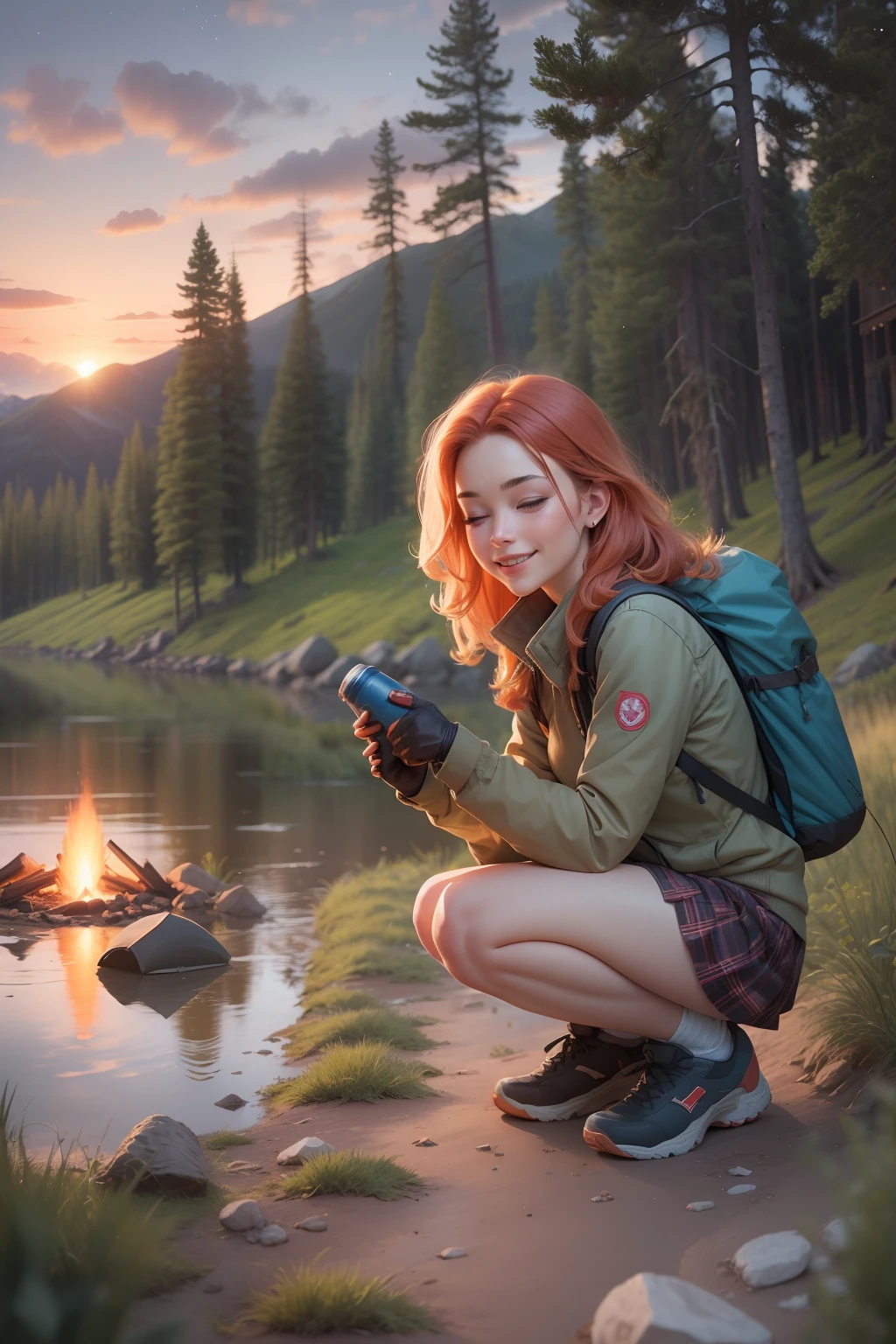 1 woman, red hair with blonde locks, skirt, cold blouse ((full body, crouching, smiling, happy)), masterpiece, best quality, perfect eyes, perfect hands, perfect legs, ultra-detailed, solo, outdoor, (sunset), mountains, nature, (stars, cloud) cheerful, happy, backpack, sleeping bag, camping stove, water bottle, tennis, gloves, flashlight, forest, stones, river, wood,  smoke, shadows, contrast, style, (warm hue, warm tone: 1.2), cinematic light, side lighting, ultra high resolution, best shade, RAW, wooden house, campfire