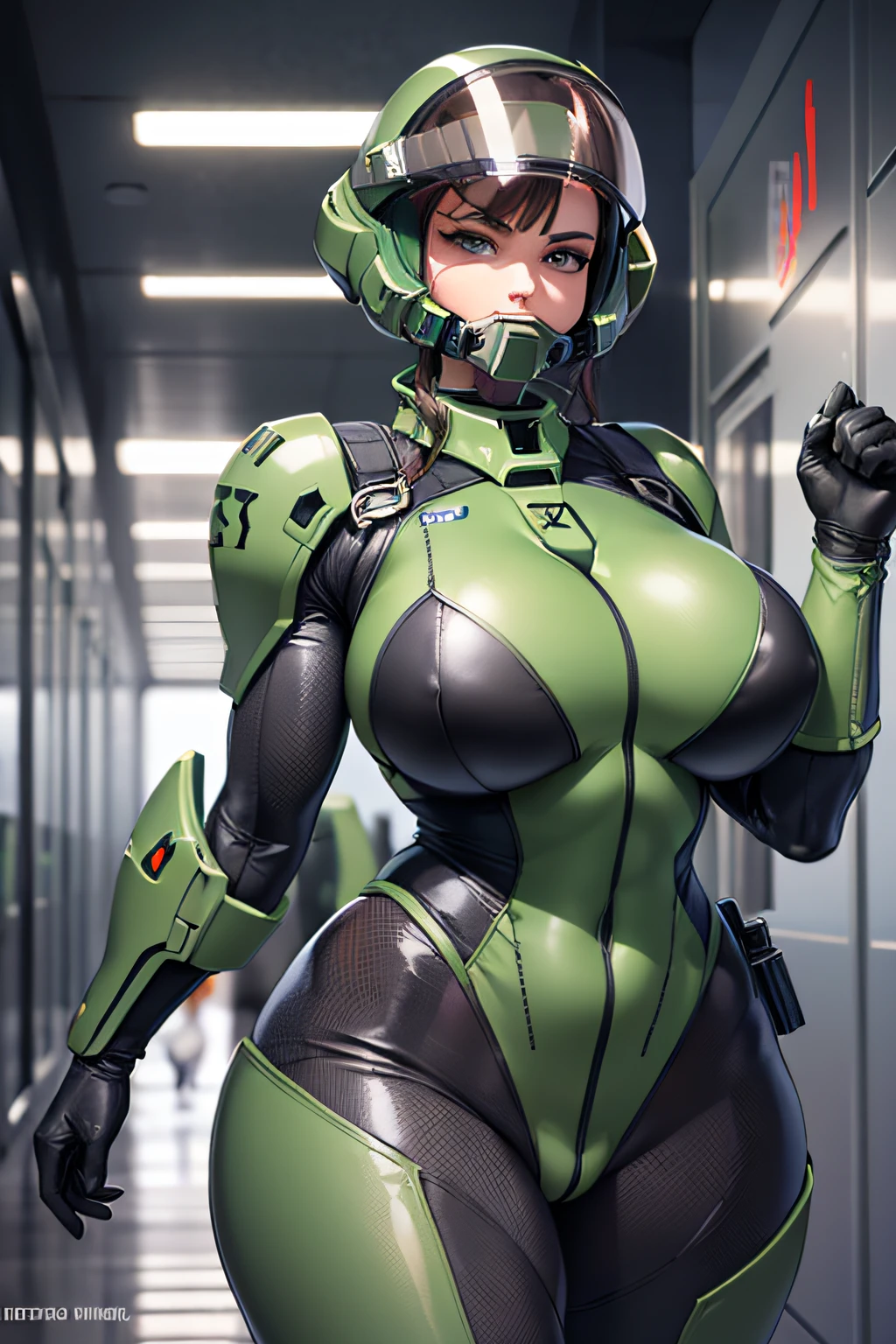 A badass muscular 21 year old female wearing green doomguy doom marine armor and helmet from DOOM  with large breasts holding gigantic futuristic rifle walking down hallway of futuristic space station, european, blue eyes, ((((enormous breasts)))), ((gigantic breasts)), ((huge breasts)), (sagging breasts), (((full face helmet))), ((mirror face shield)), full body suit, coverall, (HALO masterchief)