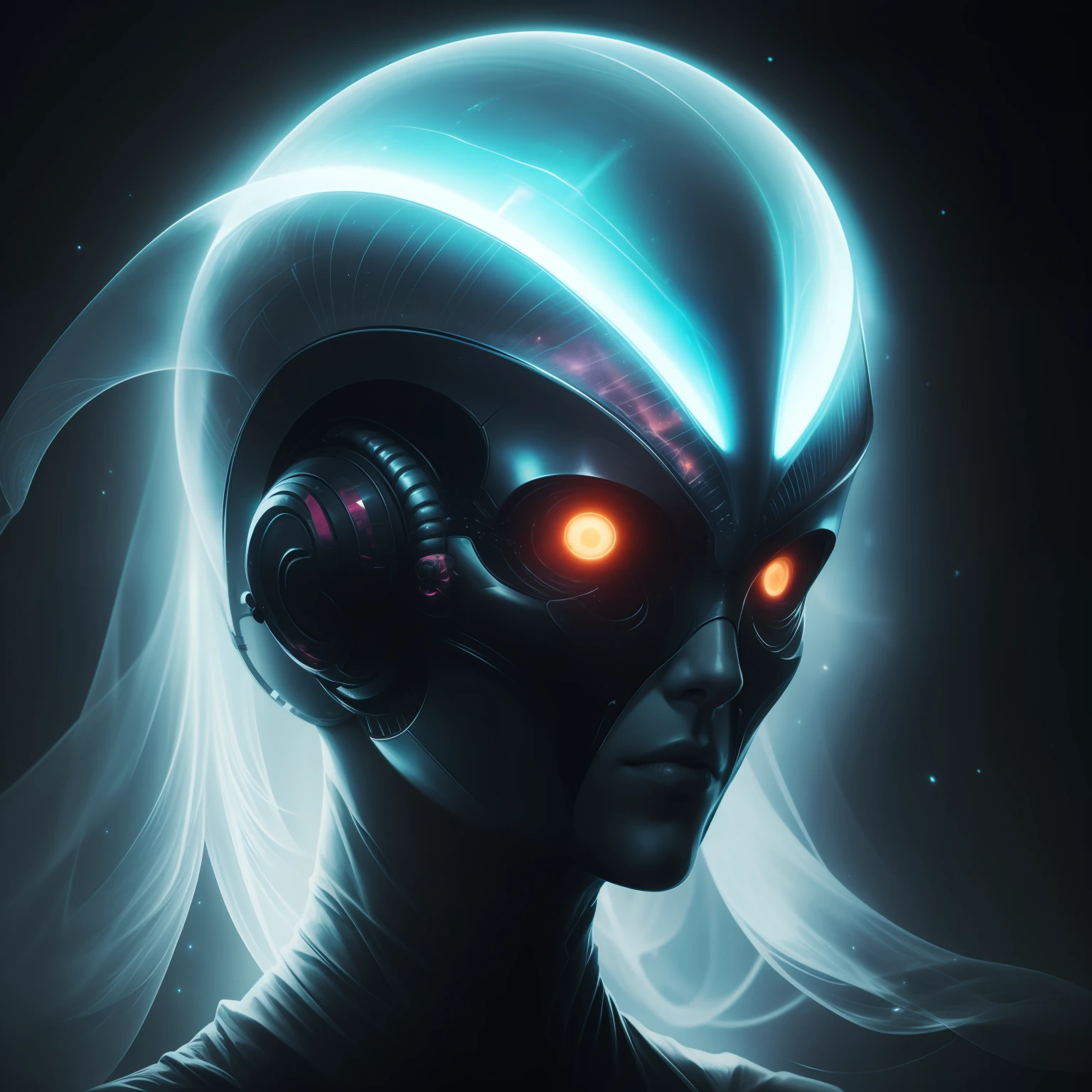 Ghostly portrait of a futuristic alien from another dimension creator of the universe with powerful ancient magic