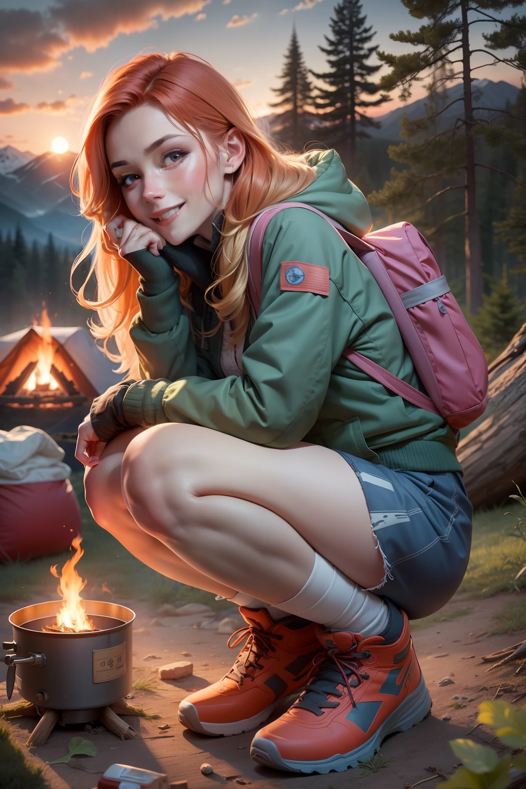 1 woman, red hair with blonde locks, skirt, cold blouse ((full body, crouching, smiling, happy)), masterpiece, best quality, perfect eyes, perfect hands, perfect legs, ultra-detailed, solo, outdoor, (sunset), mountains, nature, (stars, cloud) cheerful, happy, backpack, sleeping bag, camping stove, water bottle, tennis, gloves, flashlight, forest, stones, river, wood,  smoke, shadows, contrast, style, (warm hue, warm tone: 1.2), cinematic light, side lighting, ultra high resolution, best shade, RAW, wooden house, campfire