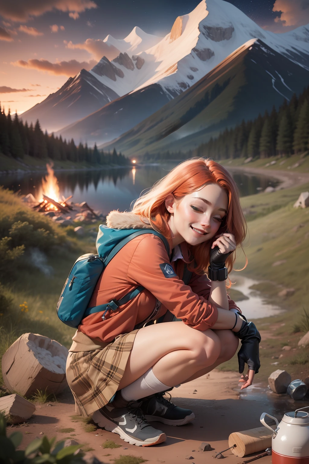 1 woman, red hair with blonde locks, skirt, cold blouse ((full body, crouching, smiling, happy)), masterpiece, best quality, perfect eyes, perfect hands, perfect legs, ultra-detailed, solo, outdoor, (sunset), mountains, nature, (stars, cloud) cheerful, happy, backpack, sleeping bag, camping stove, water bottle, tennis, gloves, flashlight, forest, stones, river, wood,  smoke, shadows, contrast, style, (warm hue, warm tone: 1.2), cinematic light, side lighting, ultra high resolution, best shade, RAW, wooden house, campfire