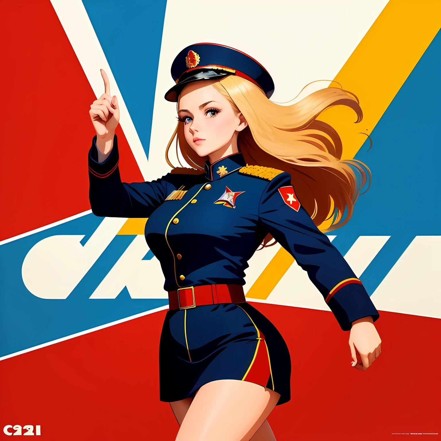 CCCP poster, soviet poster, USSR Flag in background, USSR Poster, Soviet Union poster, October Revolution, ((CCCP Poster, Soviet Poster)) (blond 1 mature girl holding up her hand in the air) propaganda Poster, poster, Soviet flag on pole, blue sky with fighter jet, uniform, 1girl, solo, good body, Poster design, poster art style. 1980s, 1950s, 1960s, basic colour scheme, Very colourful poster, colour art, thirds rule, inspiring, general, military officer, woman, 1 mature girl, hair blowing in the wind, hand high in the air, revolutionary, pointing with finger, red square backdrop, thick legs.