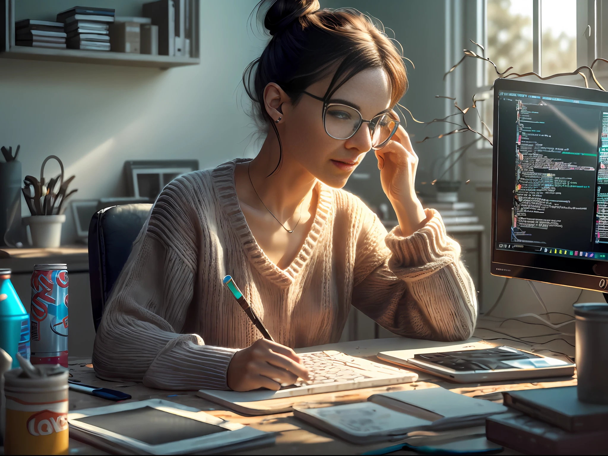 A  beautiful lady with a messy bun and glasses, wearing a knitted sweater, working on some coding on the computer at her messy desk full of garbage, empty energy cans, and spills, cinematic light, soft light, backlit, micro-details, photorealism, photorealistic