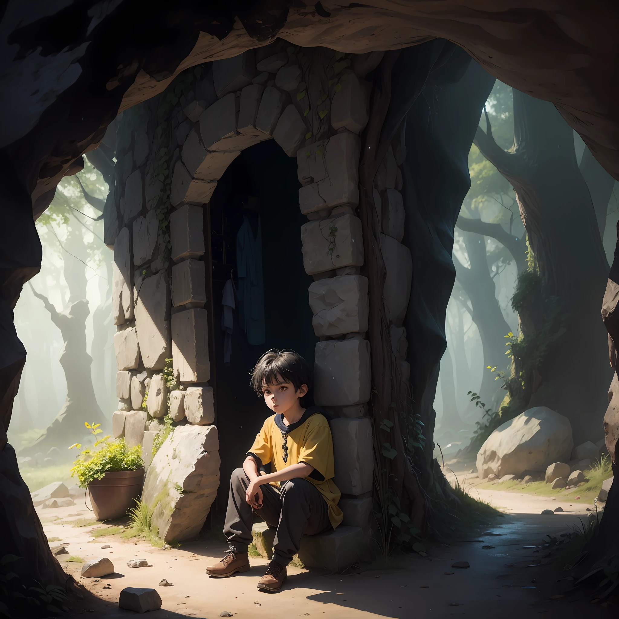 High quality realistic Anime style, high definition high quality realistic, shaded, photorealism, Ray tracing, 8k, uhd, masterpiece, small male kid (around ) alone, peasent medieval clothes, dirty clothes, ragged clothes, black hair, distinguish and strong colored yellow eyes, sitting holding his ones, with cold, on the entrance of a cave, strong rain, dark mood, strong tempest, , serious and lost expression. Stone cave in a Forrest surrounded by rain