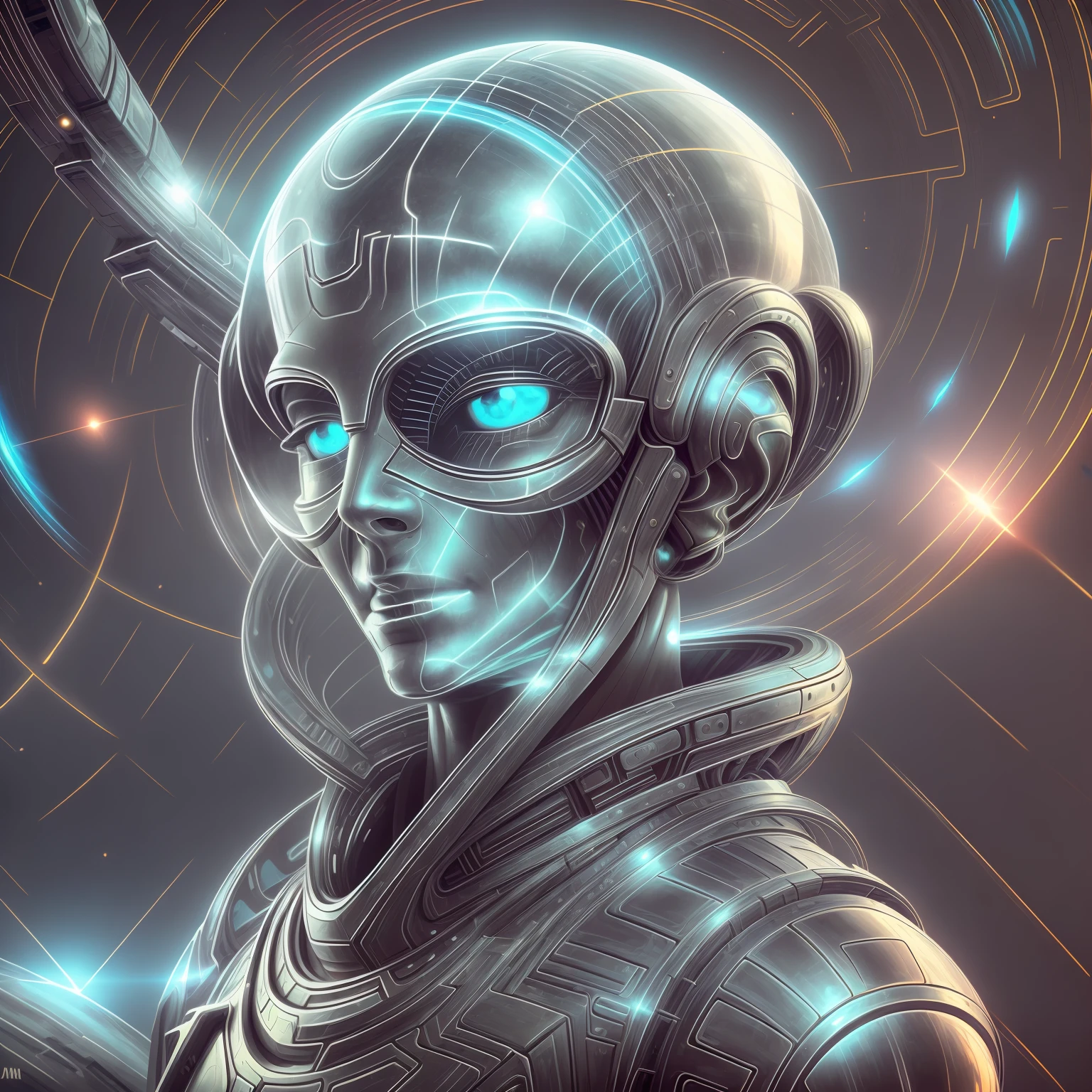 Ghostly portrait of a futuristic alien from another dimension creator of the universe with powerful ancient magic