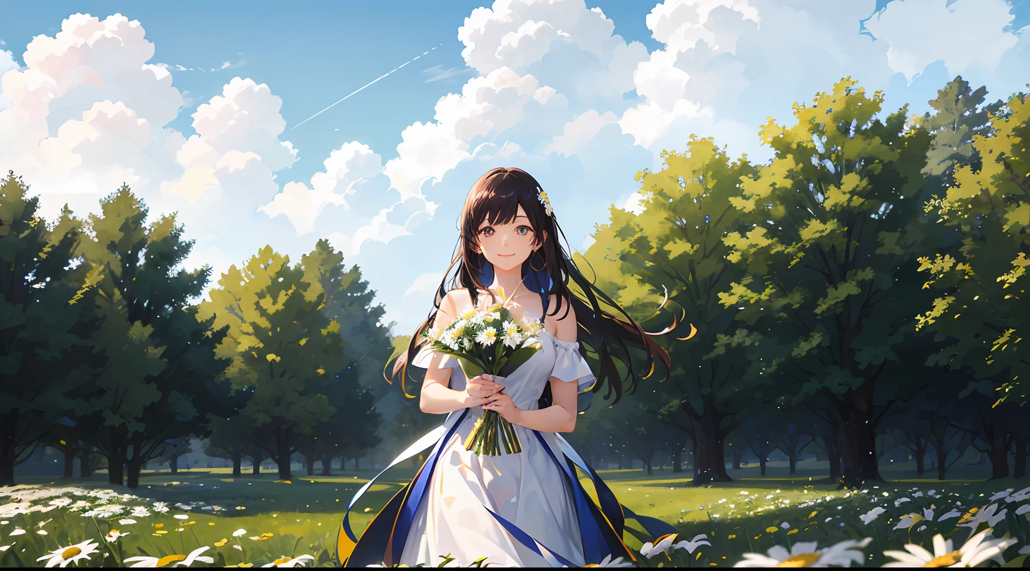 Summer. Sunny meadow with many flowers. A bully girl with his hand outstretched forward holds a bouquet of daisies. Smiling. Super Photorealistic, cinematic, Octane render, 8K, Blue sky background with white clouds --auto --s2