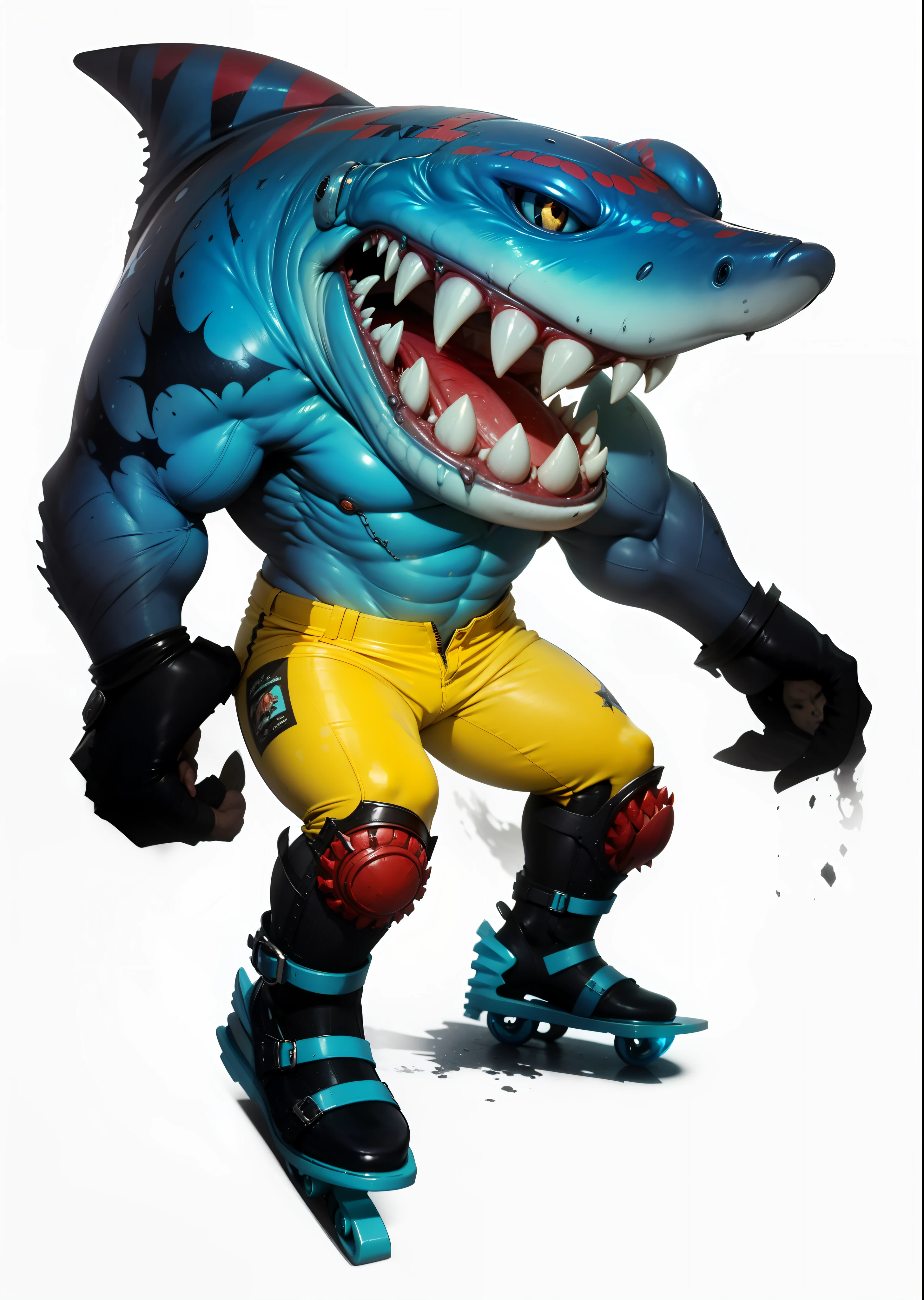 Street sharks, Blue humanoid shark, yellow jeans, jewelry and skates, red spots on the body, sharp teeth, New York street, unreal engine 5, 8k.