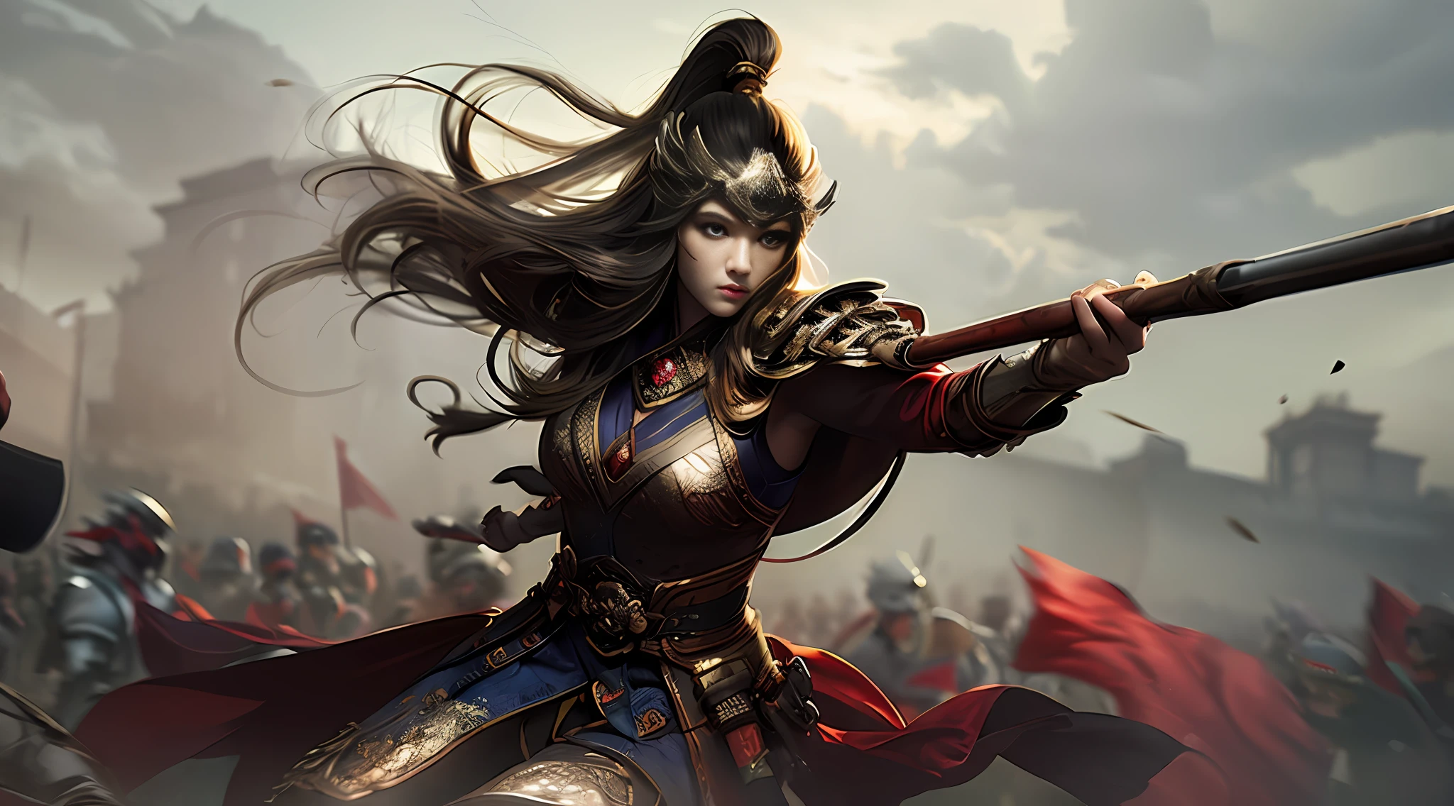 1 woman, delicate face, gray pupils, scratched face, ancient Chinese battlefield, hand with iron tooth hammer to beat action, anger, wind, gunsmoke, motion blur, half, looking at the audience, masterpiece, best quality, 32k