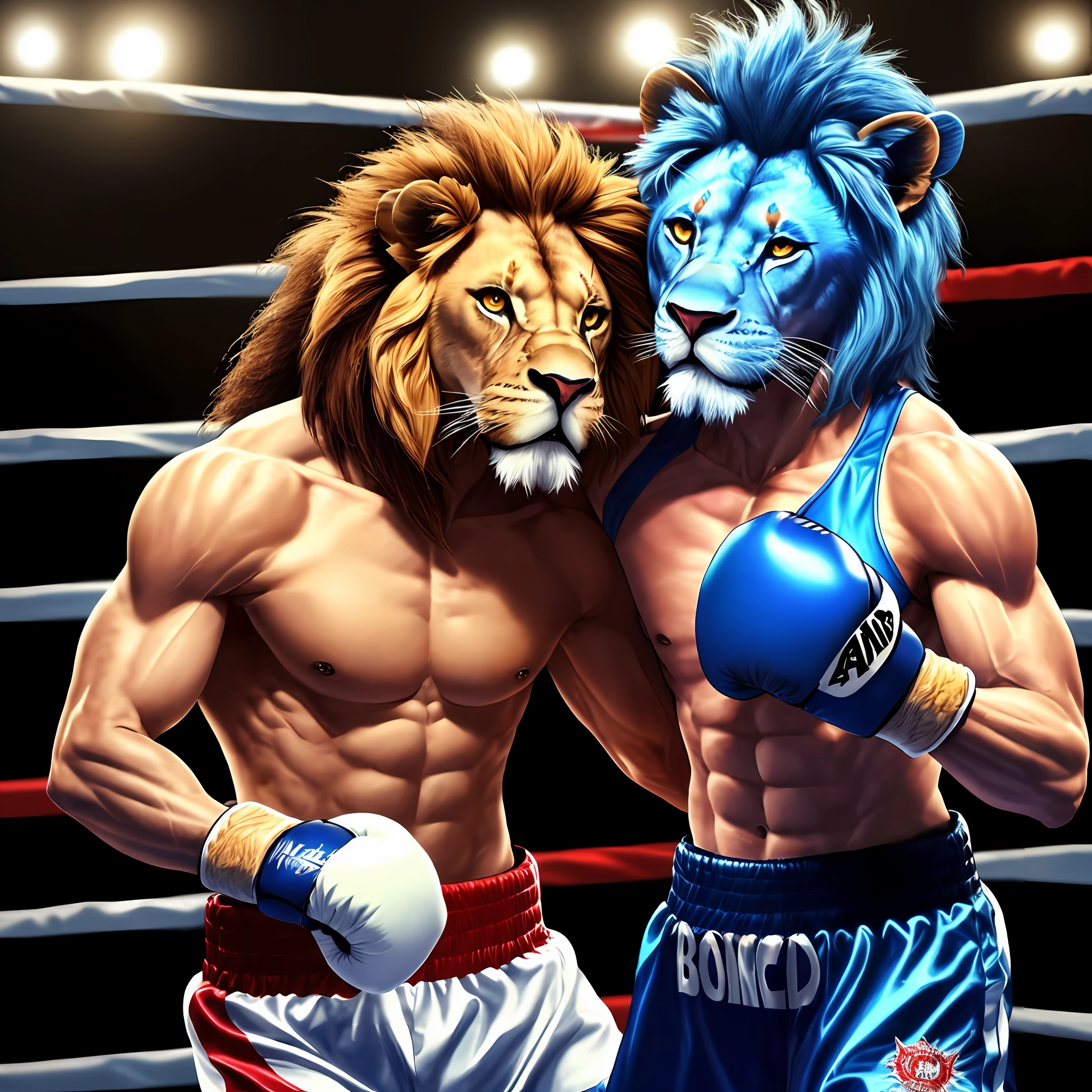 Ultra realistic, cute lion,(Anthropomorphism of a lion), blue lion, lion boxer, boxing gym in the background. --auto