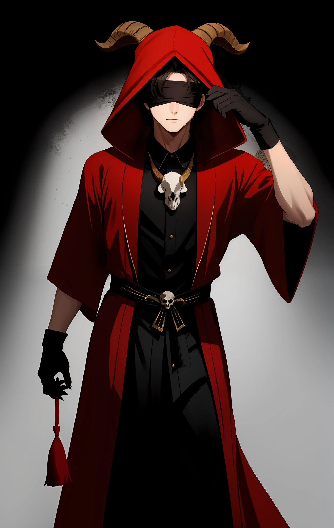 Young man with a blindfold covering his eyes, wearing a goat skull on his head, wearing a ceremonial robe of red and black color, with claws, blind man, satanic aura, holding a goat skull