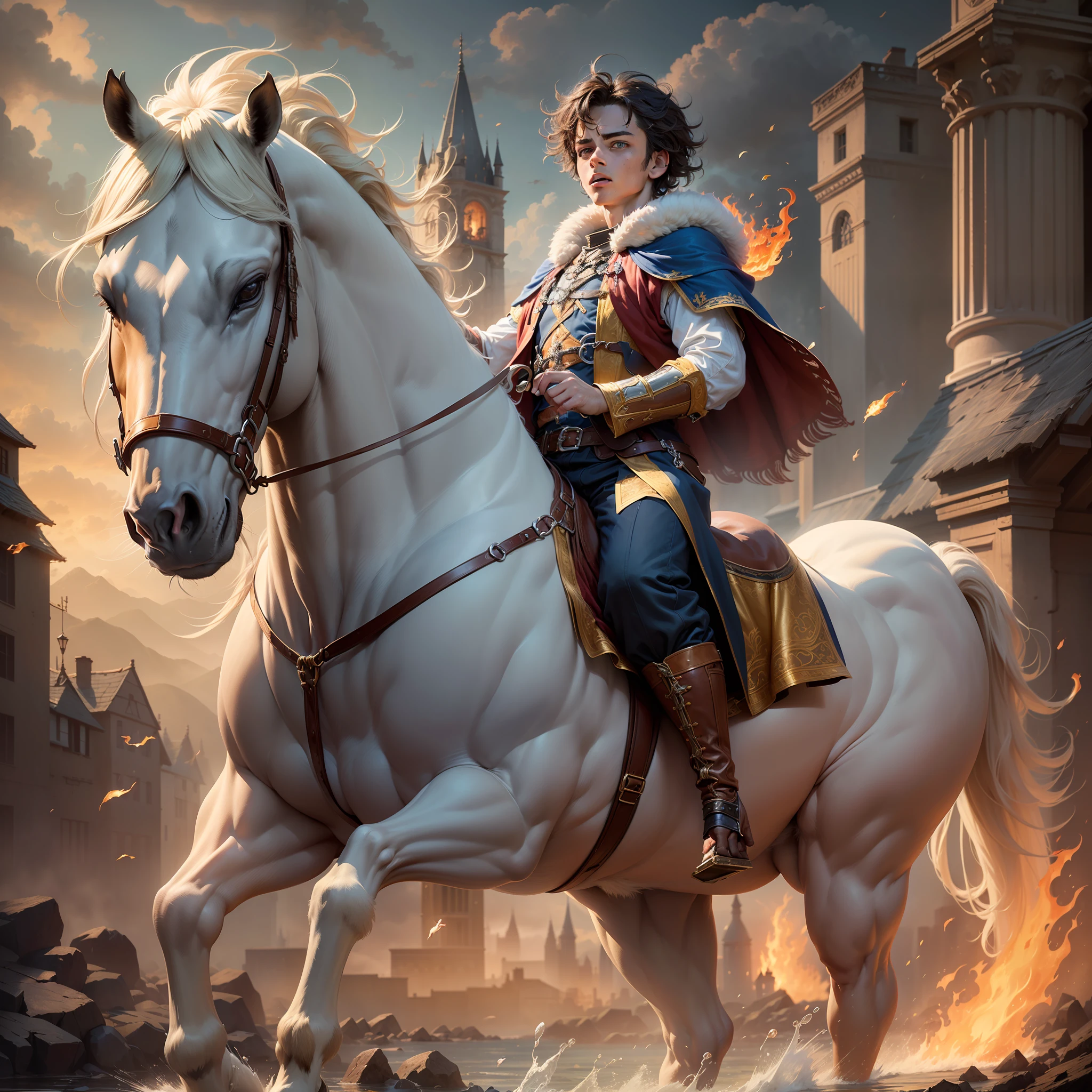 **((((A young boy dressed in medieval attire stands triumphantly atop a mighty white stallion)))), both bathed in the warm light of a setting sun. ((((The boy has a perfect slim full body)))), ((((he has a beautiful face)))). ((((He has short hair)))), his expression is proud and confident, (((((The boy has very short hair))))). ((((The stallion's glistening coat and wild mane give the appearance of a creature born of fire, water, and earth)))). The background is lush, with rolling hills, a distant castle, and a rainbow spanning the sky.((epic fantasy, golden hour)), Best quality, high quality, high res, high resolution fix, ((((this scene is captured in stunning high definition)))), show his complete perfect full body, realistic, masterpiece, best quality, high quality, high resolution, amazing lighting, detail enhancement, most beautiful image in the world, 8k resolution, highly detailed, awe inspiring, hd, ((no facial hair)), ((best quality)), ((masterpiece)), (high-resolution:1.2)** - Upscaling by --auto --s2