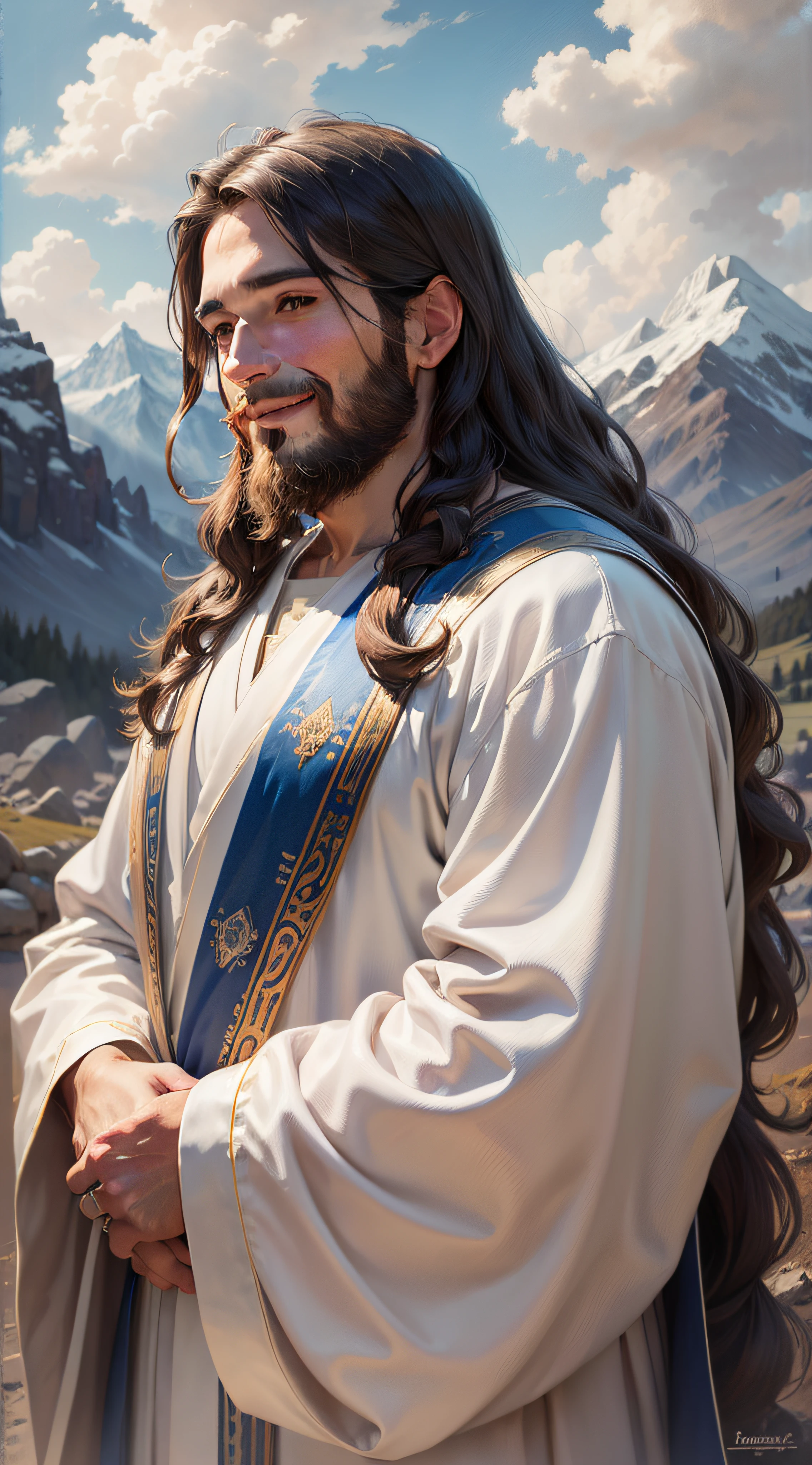 Jesus, portrait, soft light, a man with long hair and brown beard, dressed in a white robe and a blue sash, 3/4, perfect smile softly, mountains and clouds in the background, 8k, oil painting