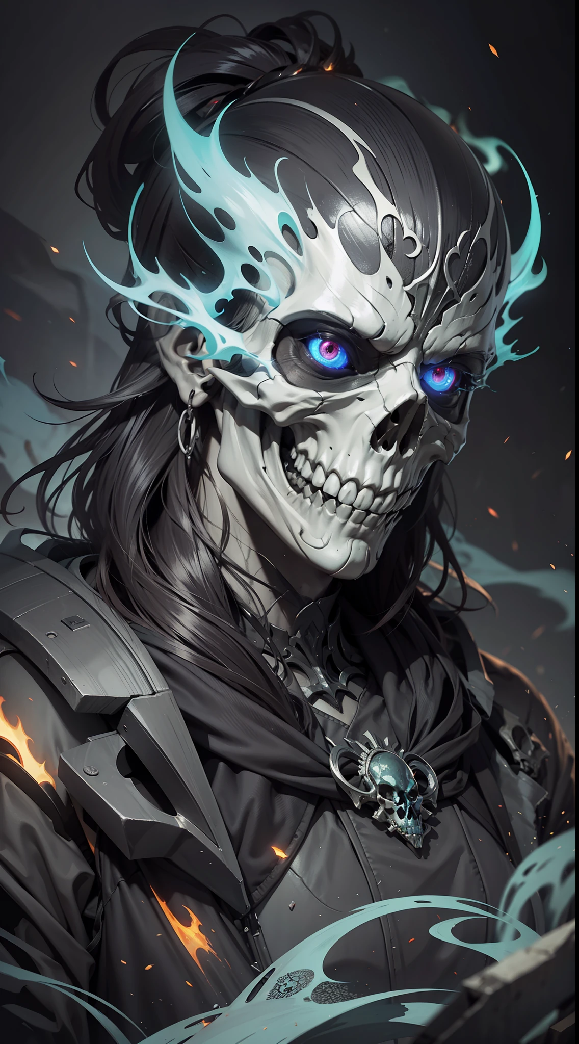 (very detailed wallpaper 8k), man, mid-shot terrifying necromancer, skull, burning eyes, ominous shadows, green smoke, intricate, high detail, dramatic