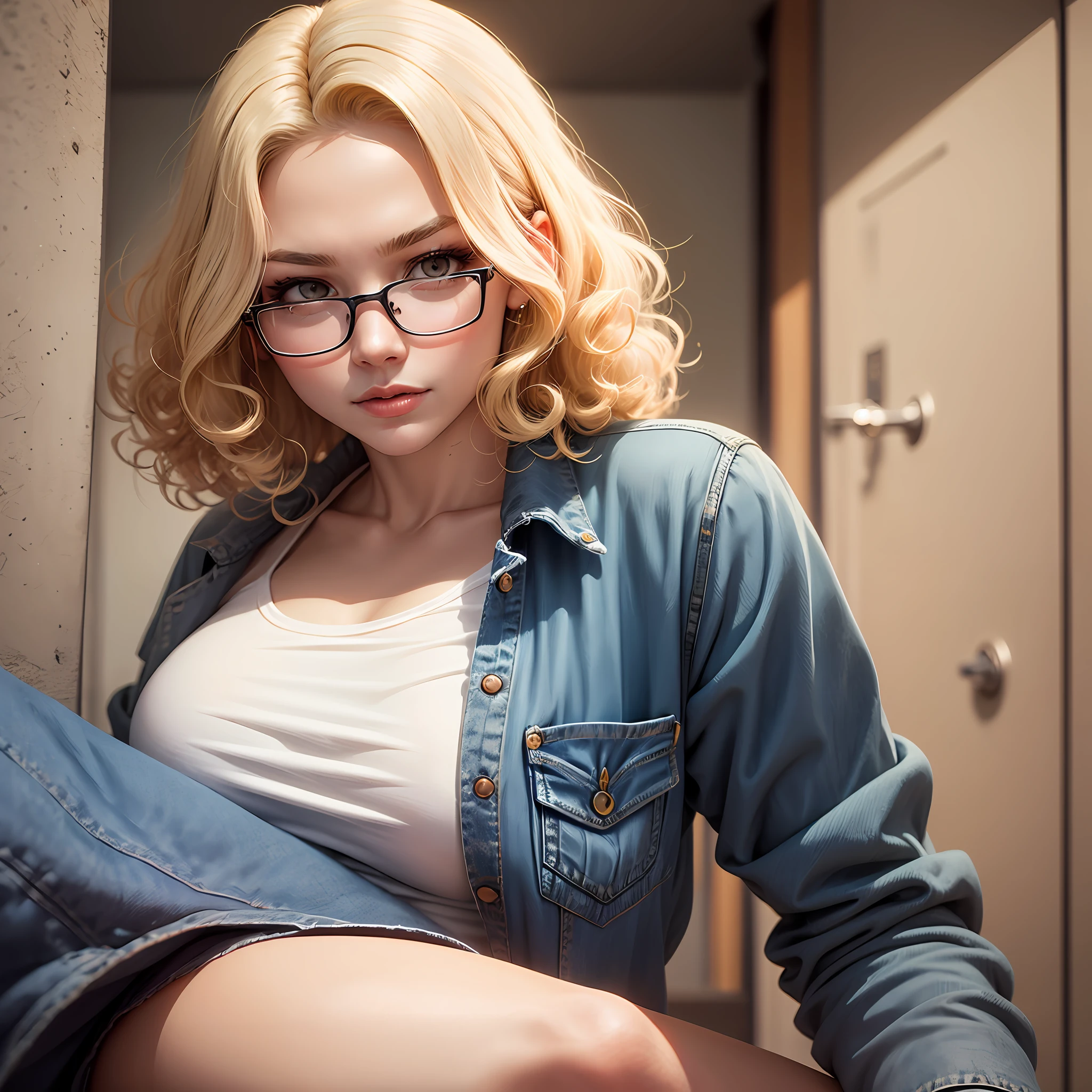 Create a prompt to describe a beautiful woman wearing jeans, curly hair, blonde with lights, cut longbob, slightly square face, wearing glasses and being white-skinned, 1.55, tall 67pounds, eyes slightly pulled; --auto