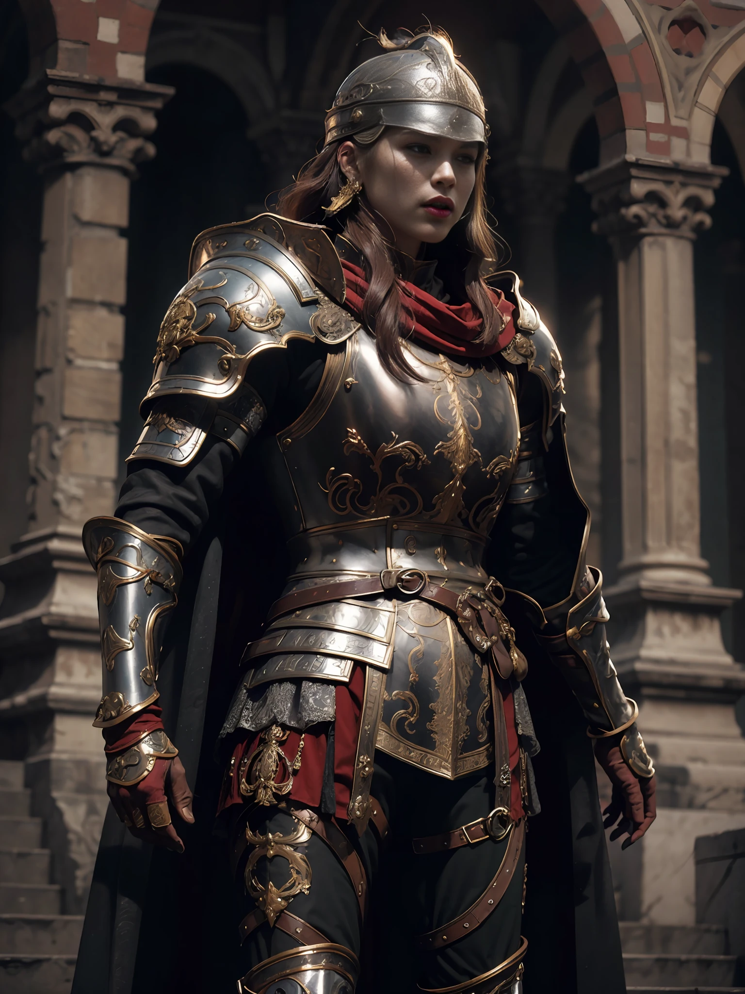 1girl,beauty, solo, female roman warrior with red helmet and cape, long black hair, angry, extremely beautiful girl, subtle makeup, silver hour, photorealistic, high contrast, 16k HD, detailed, hyper-detailed, realistic skin texture, red hair, athletic, best quality, ultra high res, raw photo, dramatic lighting, unreal engine, intricate diffuse glow and silver tab, black cape, battlefield,  Standing