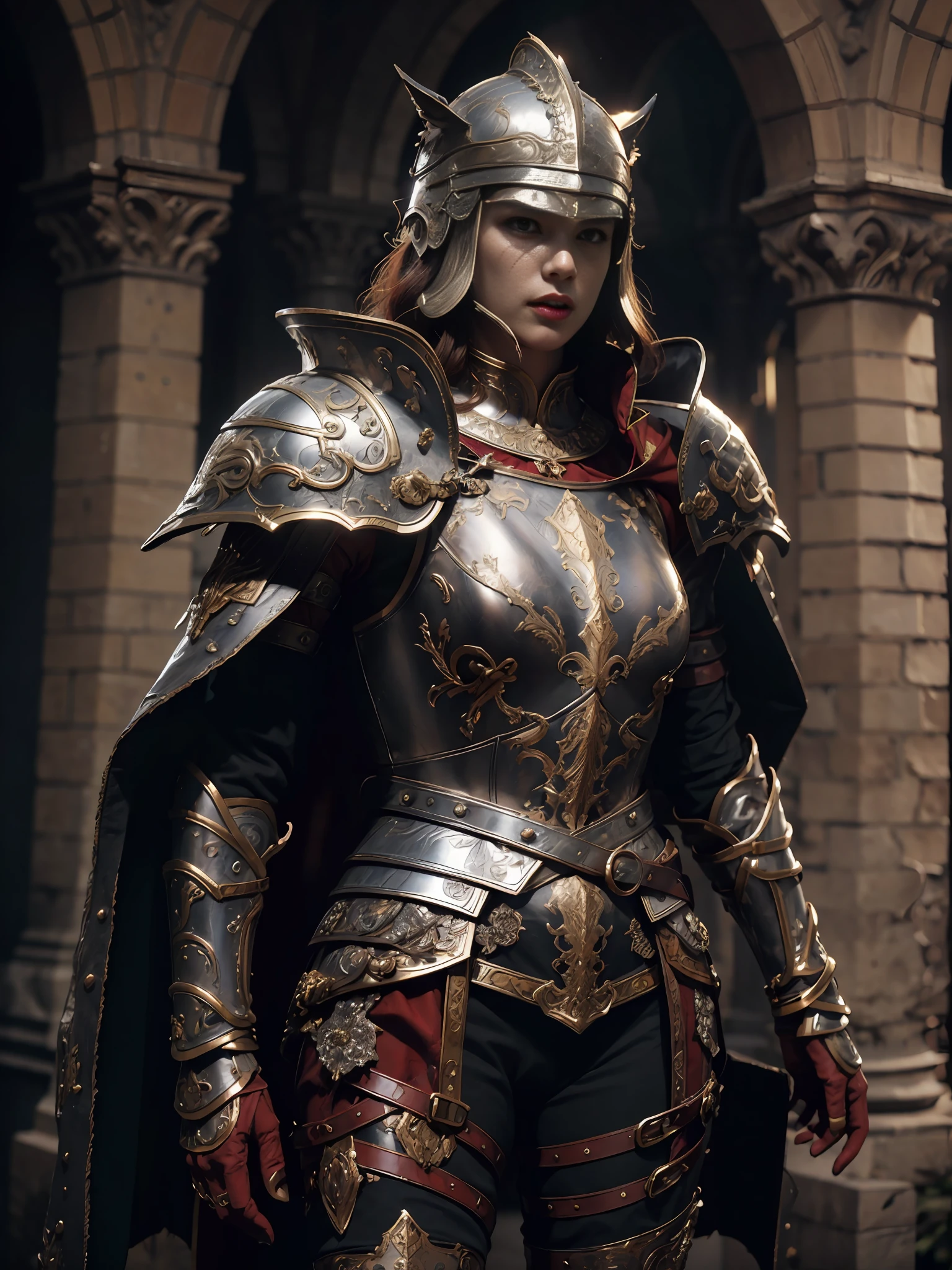 1girl,beauty, solo, female roman warrior with red helmet and cape, long black hair, angry, extremely beautiful girl, subtle makeup, silver hour, photorealistic, high contrast, 16k HD, detailed, hyper-detailed, realistic skin texture, red hair, athletic, best quality, ultra high res, raw photo, dramatic lighting, unreal engine, intricate diffuse glow and silver tab, black cape, battlefield,  Standing