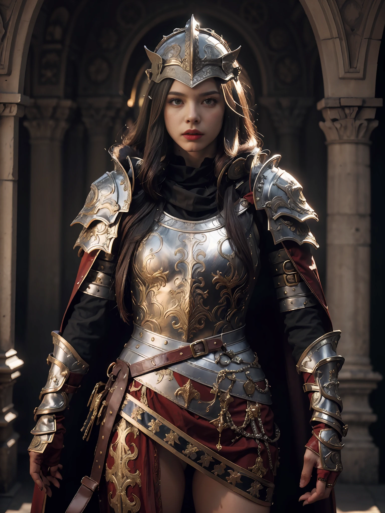 1girl,beauty, solo, female roman warrior with red helmet and cape, long black hair, angry, extremely beautiful girl, subtle makeup, silver hour, photorealistic, high contrast, 16k HD, detailed, hyper-detailed, realistic skin texture, red hair, athletic, best quality, ultra high res, raw photo, dramatic lighting, unreal engine, intricate diffuse glow and silver tab, black cape, battlefield,  Standing