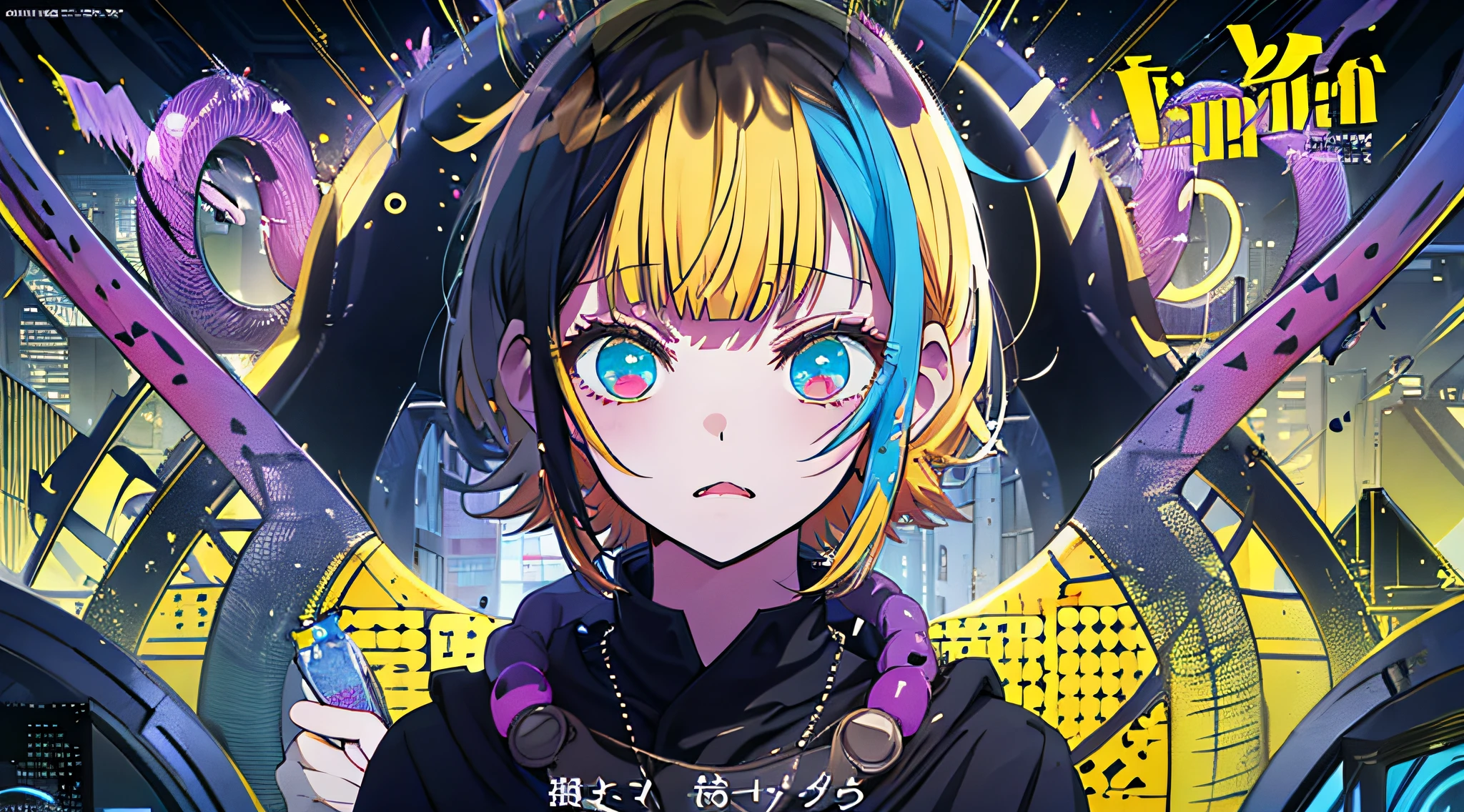 (((dramatic))), (((gritty))), (((intense)))) The movie poster features as the central character. She is shy in the center of the poster, wearing idol outfit, and a determined expression on her face. The background is dark and gritty, with a feeling of drunkenness. The text is bold and eye-catching, with catchy slogans that add to the overall drama and excitement. The color palette is dominated by dark colors, dotted with bright colors, giving the poster a dynamic and visual impact, tachi-e (magazine:1.3), (cover-style:1.3), fashionable, vibrant, outfit, posing, front, colorful, dynamic, background, element, confident, expressive, holding, statement, attachment, majestic, coiled, around, touch, scene, text, cover, bold, eye-catching, title, fashion, font, catchy, title, bigger, eye-catching, modern, trendy, focused, stylish, 1 girl, Battle shonen