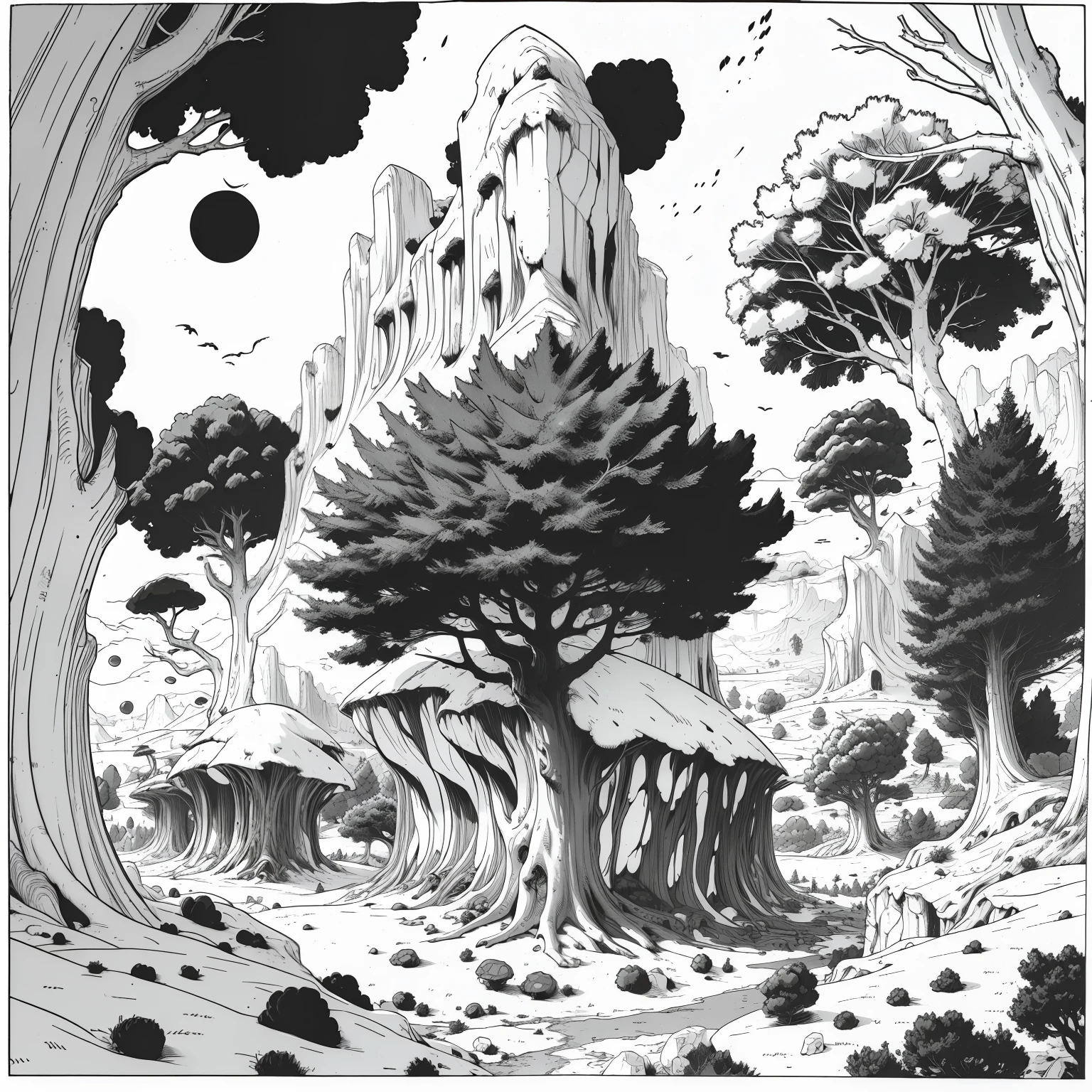 forest,with 2 mountains in the background,forest full of trees,perspective,vanishing point,empty forest,manga style,Akira Toriyama dash,black and white,black and white tone,lineart,manga panel