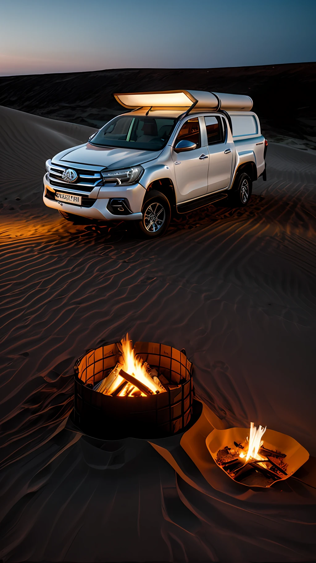 Imagine a blonde woman sitting in a chair, enjoying a cup of tea at night in the dunes, sheltered by a bonfire. Behind her is a Hilux van with its lights on, revealing the scene.