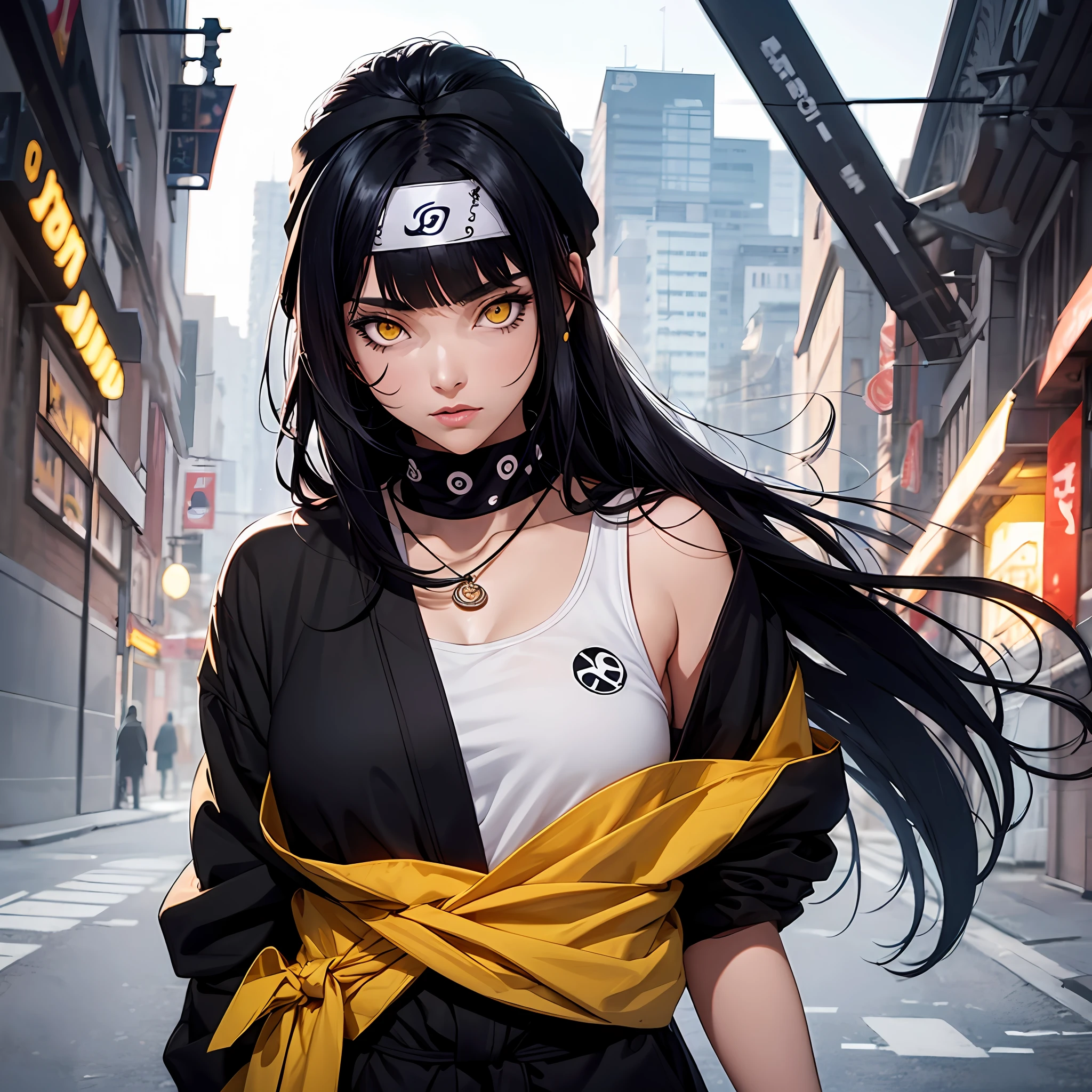 long black hair with long bangs completely covering one side of the face and ears, yellow eyes with a black dot in the middle, large fleshy lips, thin eyebrows, big nose, alone, jacket, black ninja outfit, necklace, hair pinned, bandana on the neck. Naruto Art --auto