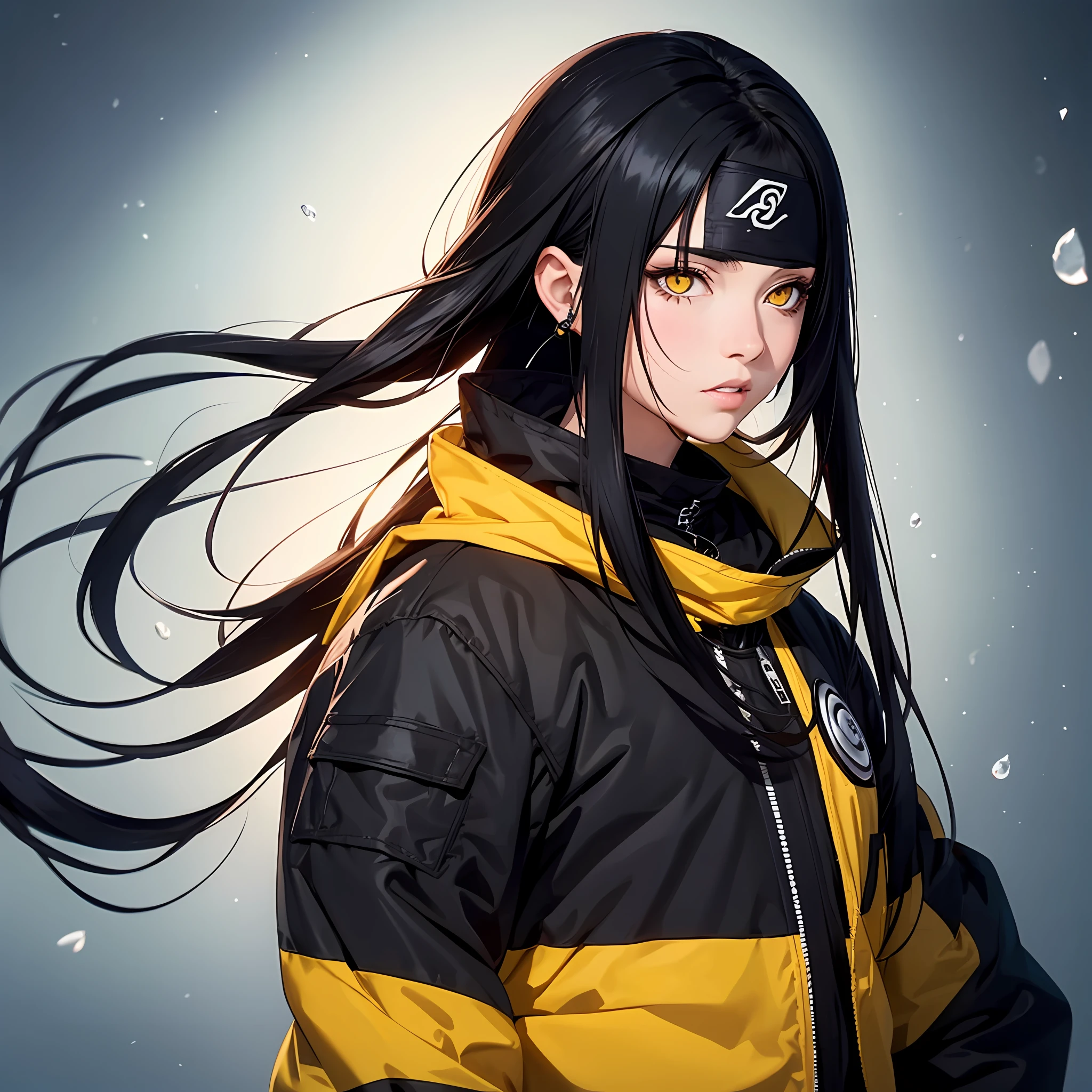 long black hair with long bangs completely covering one side of the face and ears, yellow eyes with a black dot in the middle, large fleshy lips, thin eyebrows, big nose, alone, jacket, black ninja outfit, necklace, hair pinned, bandana on the neck. Naruto Art --auto