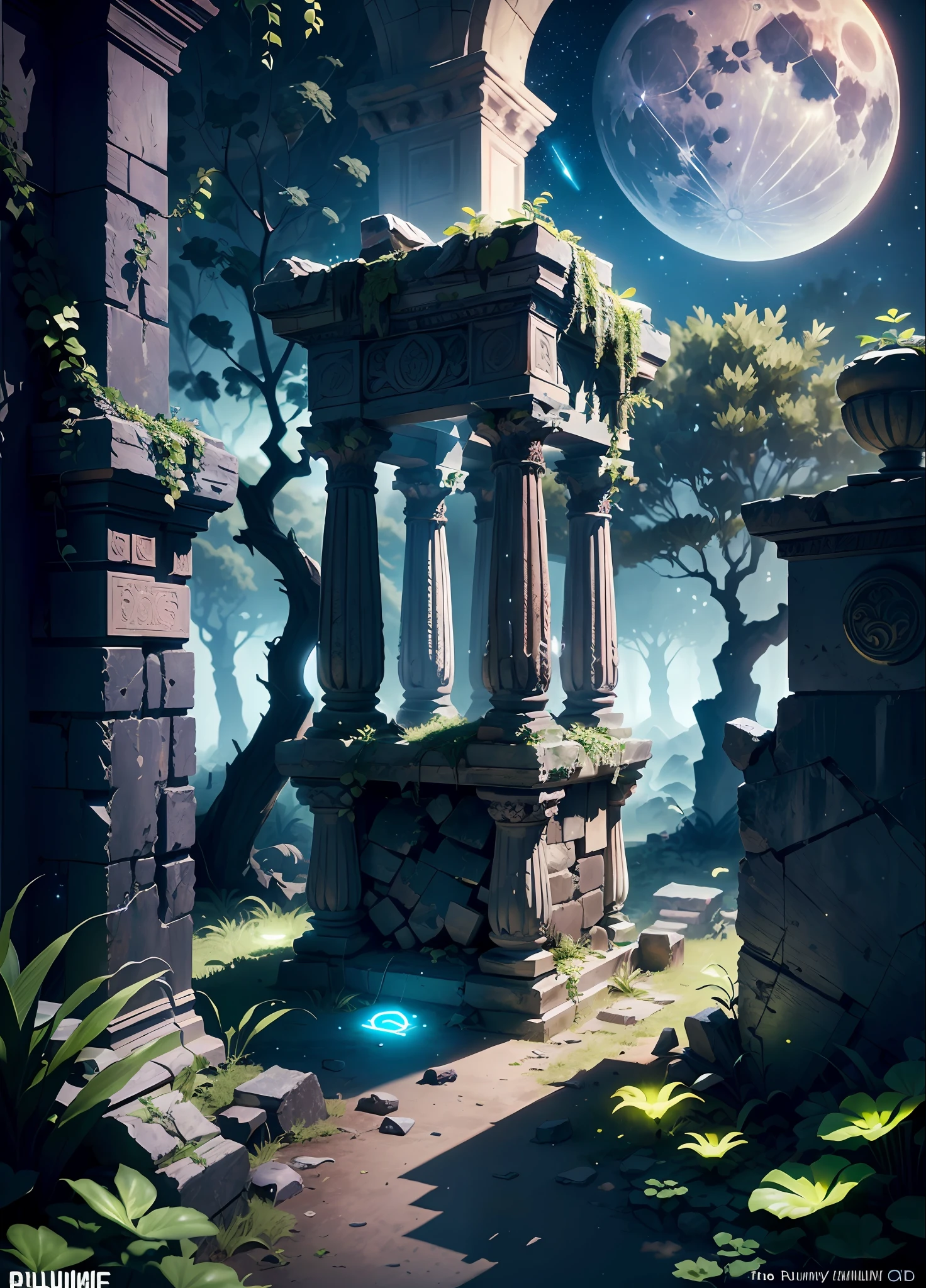 ((masterpiece)) picture of a forest scene night time sky full of stars and moon, under the moon there's a ancient ruined , ((detail forest)) ((small details)), (Bioluminescence) ivy plant surrounding the ruin, inspired by senior environment artist, ((ruin)), ((Bioluminescence flower)) , (intricate details), ((ultra-hd))unreal engine (fantasy art),(( unreal engine)) render concept art, ornate one ancient tample ruins, ((glowing symbol in ruin)), picture capture with each every (((small details))), ((highly detailed))