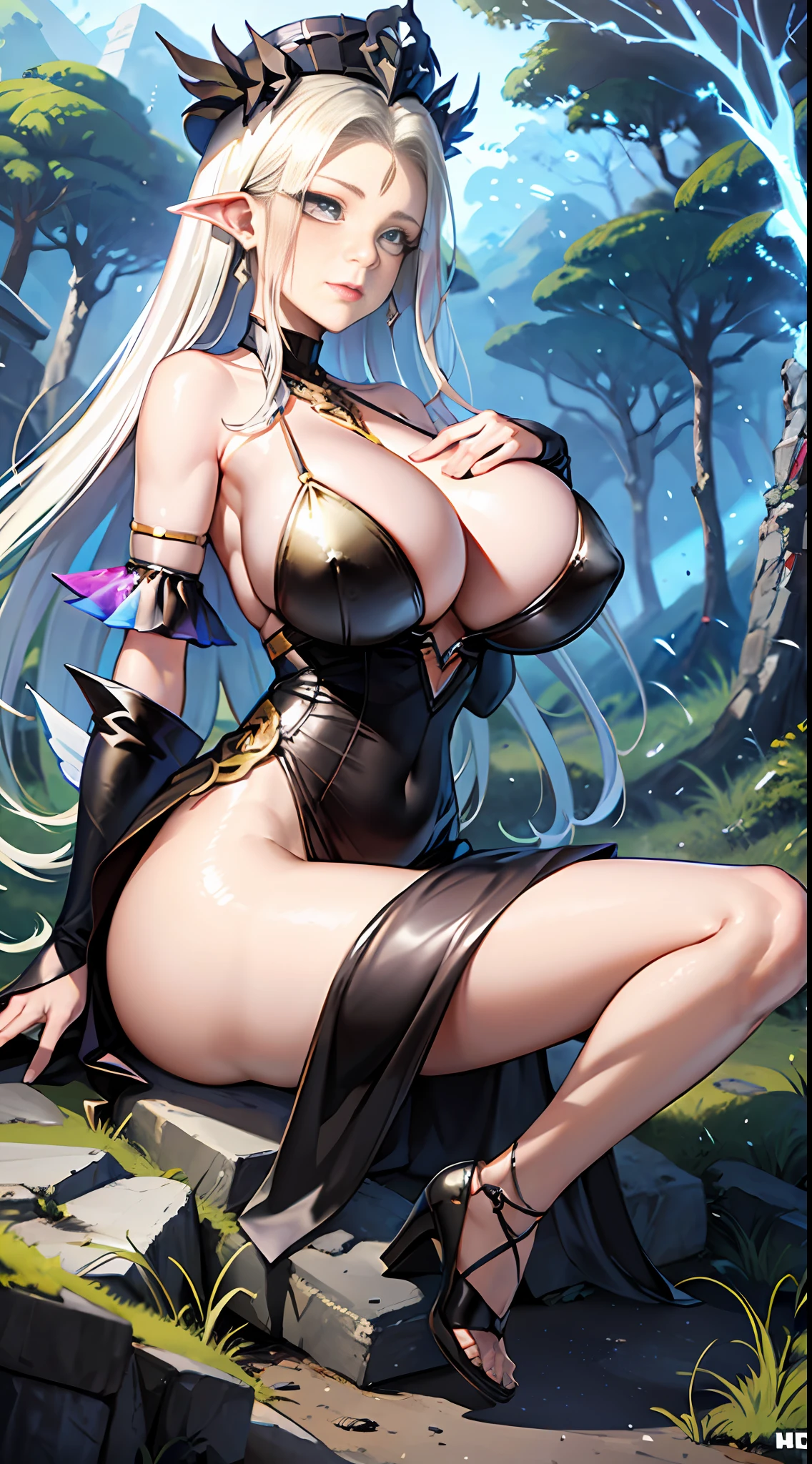 In a Final Fantasy style illustration. A powerful sorceress invokes the powers of thunder. She is very beautiful and wears a knee-length dress with straps and ruffles, heels and a pointed hat. She is in a strange place of ancient buildings half buried by the jungle. gold, silver, iridescent. ((Perfect face)) HD. (Best quality) ((big breasts))