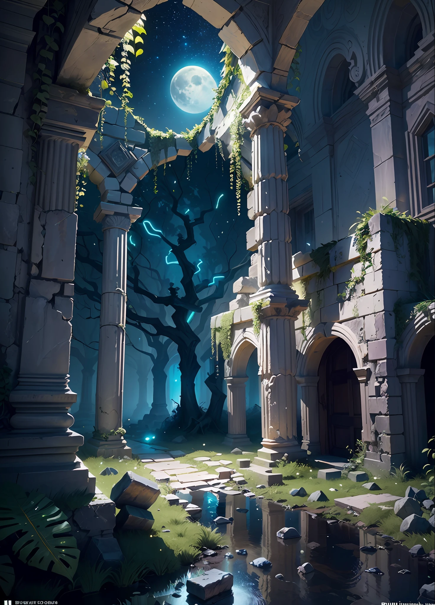 ((masterpiece)) picture of a forest scene night time sky full of stars and moon, under the moon there's a ancient ruined , ((detail forest)) ((small details)), (Bioluminescence) ivy plant surrounding the ruin, inspired by senior environment artist, ((ruin)), ((Bioluminescence flower)) , (intricate details), ((ultra-hd))unreal engine (fantasy art),(( unreal engine)) render concept art, ornate one ancient tample ruins, ((glowing symbol in ruin)), picture capture with each every (((small details))), ((highly detailed))