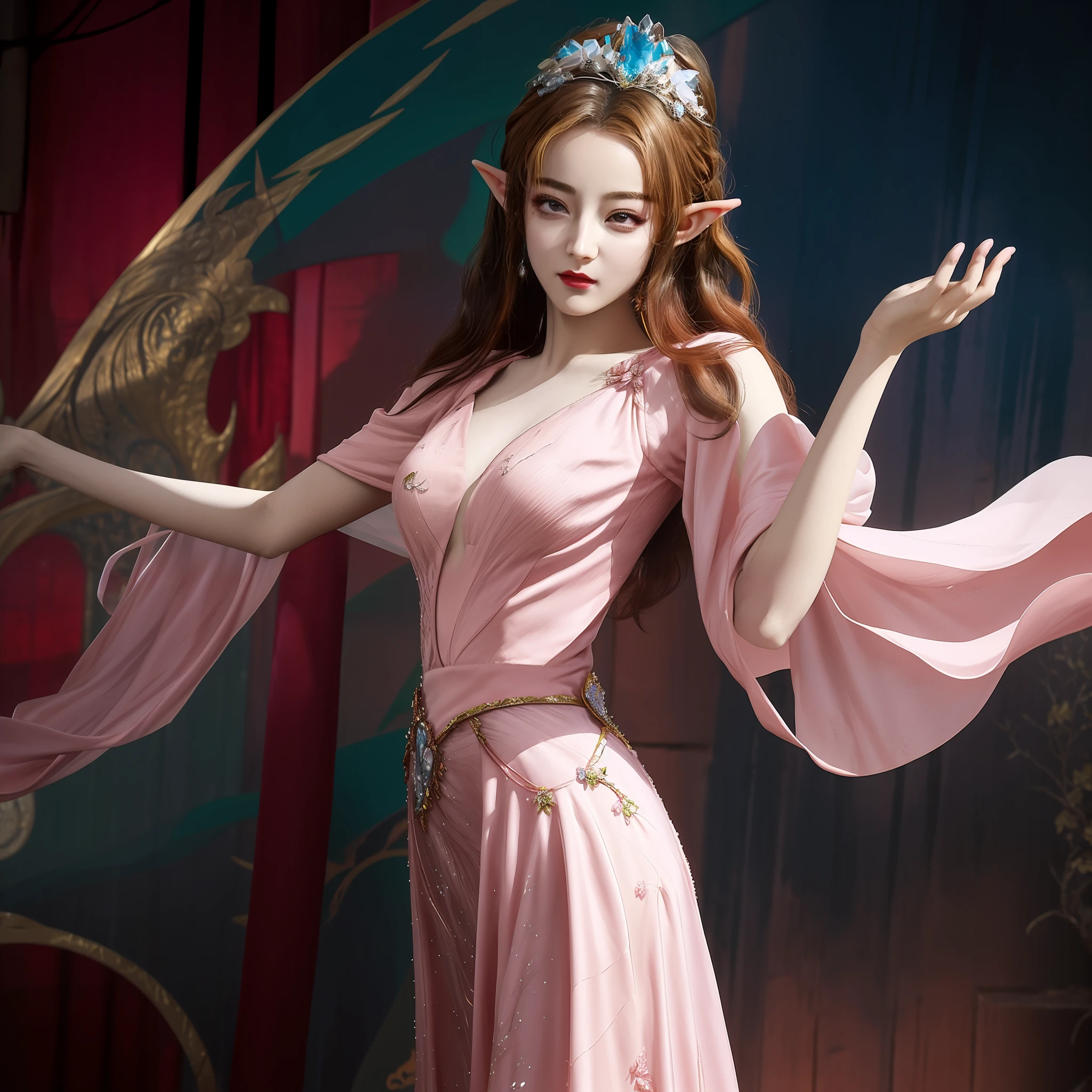 araffes in a pink dress is posing in a room, a beautiful fantasy empress, trending on cgstation, ((a beautiful fantasy empress)), a stunning young ethereal figure, beautiful and elegant elf queen, royal elegant pose, trending at cgstation, anime goddess, lovely languid princess, elegant cinematic pose, sexy pose, full body xianxia