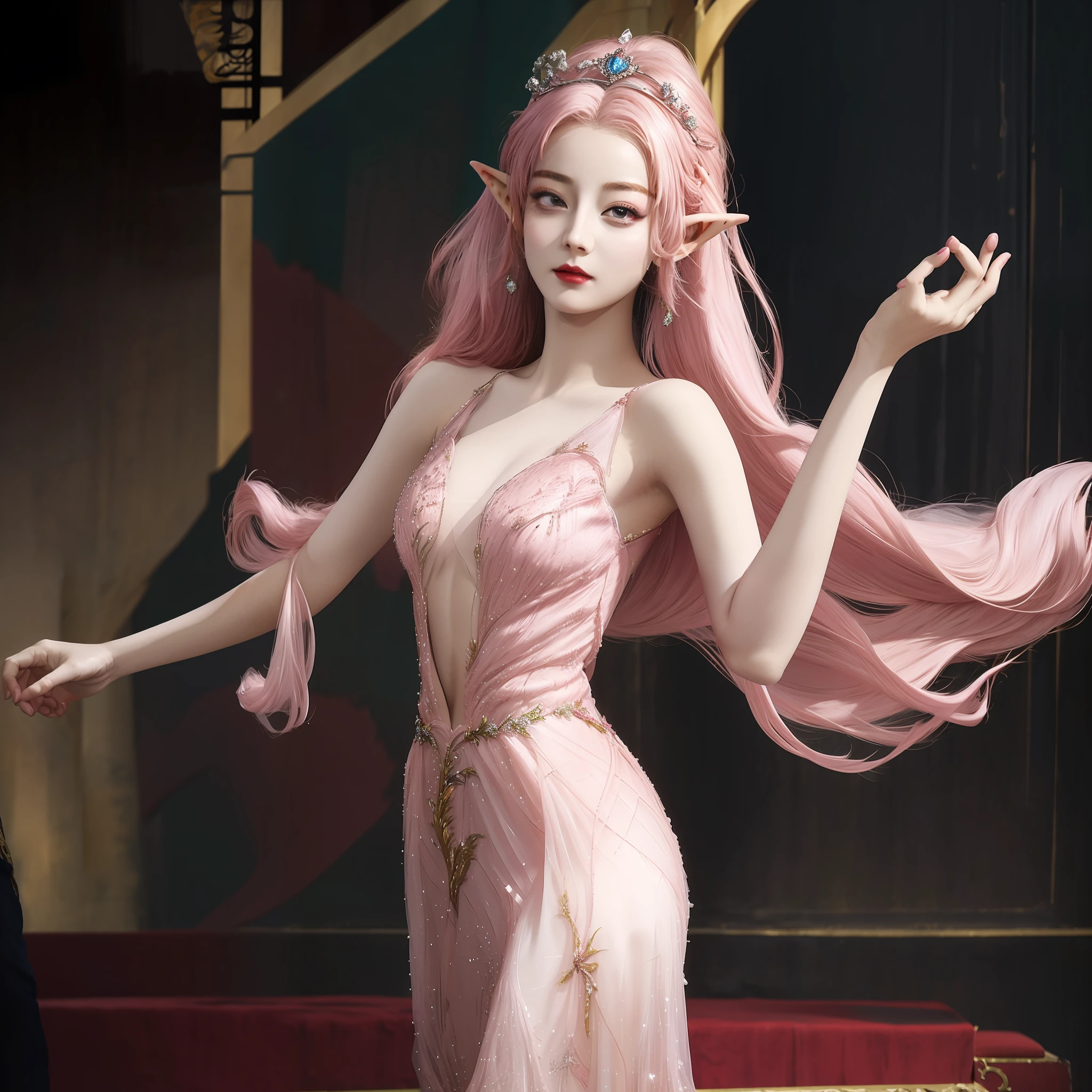 araffes in a pink dress is posing in a room, a beautiful fantasy empress, trending on cgstation, ((a beautiful fantasy empress)), a stunning young ethereal figure, beautiful and elegant elf queen, royal elegant pose, trending at cgstation, anime goddess, lovely languid princess, elegant cinematic pose, sexy pose, full body xianxia