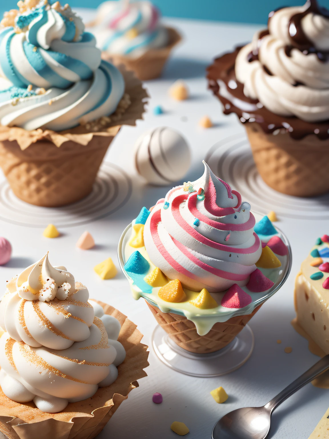 Illustration of an ice cream. / The image depicts a delicious ice cream, with a generous ball of creamy ice cream balanced on a crispy cone. The ice cream is richly decorated with colorful toppings and confectionery, which spread across the surface. The smooth and tempting texture of the ice cream is evidenced by the soft lighting, highlighting the smooth curves and details of the ice cream. The color palette is vibrant and cheerful, reflecting the fun and sweetness of ice cream. The atmosphere is one of indulgence and pleasure. --V 5 --Stylize 1000