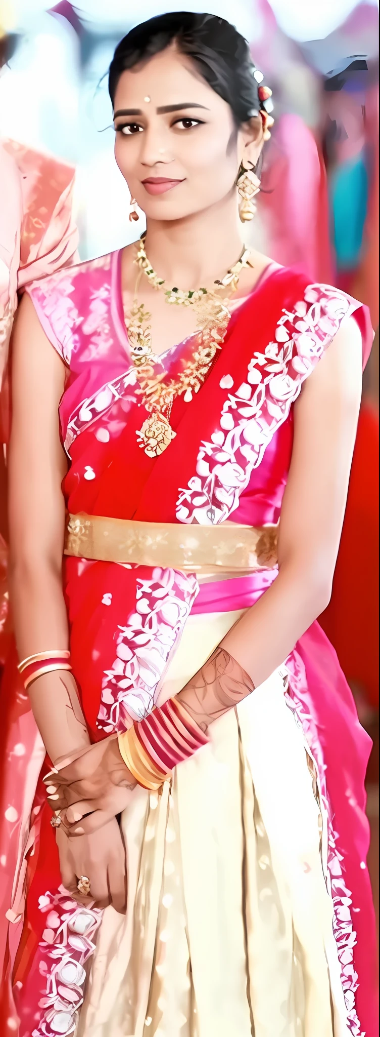 a woman in a red and white dress standing next to a man, very beautiful enga style, wearing bihu dress mekhela sador, wearing sari, traditional, sari, indian style, traditional beauty, wearing a sari, white and pink cloth, wearing intricate, adorned with precious stones, with lovely look, dressed in a sari, details galore