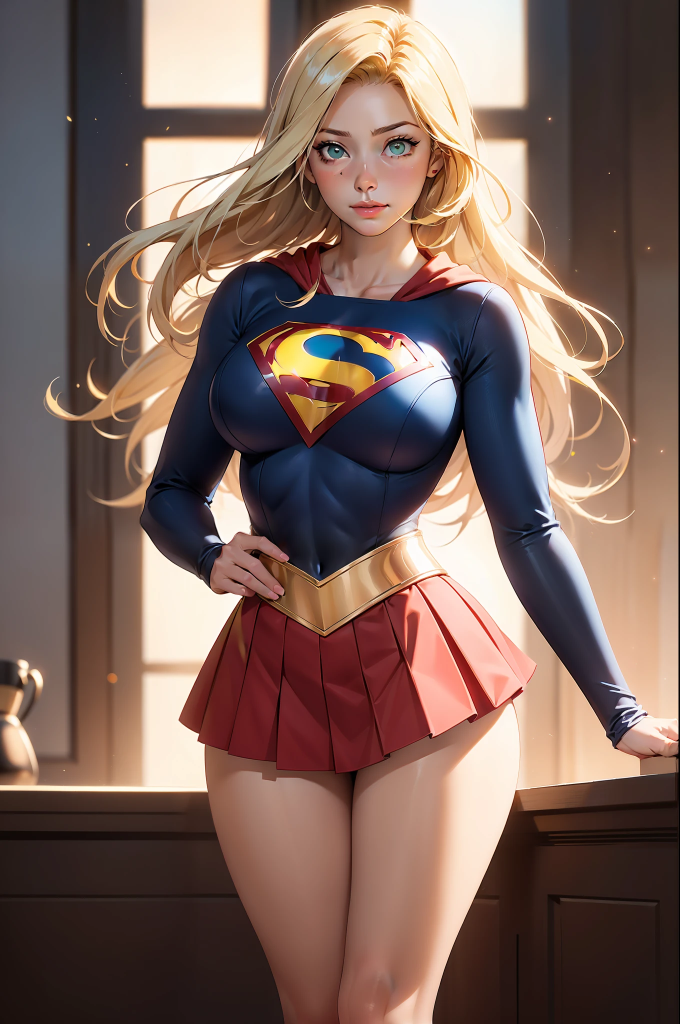 nsfw: 1.5, masterpiece, best quality, high quality, high definition, high quality textures, high quality shadows, high definition, beautiful detail, highly detailed CG, detailed textures, realistic representation of faces, realistic, colorful, delicate , cinematic lights, side lights, lens flares, ray tracing, sharp focus, supergirl, ((best quality, masterpiece, absurd, 8k)), 1 girl, solo, 21 years old,Supergirl(Melissa Marie Benoist), huge breasts, huge breasts,long hair down to her hips, long hair,low hair, voluminous hair, white skin tone, green eyes, sparkling expressive eyes, huge breasts, she is supergirl, Supergirl cosplay , japanese sailor school uniform female cosplay Supergirl, costume female school,stocking 7/8 ,superman suit, blushing, embarrassed expression, shy smile, building terrace, daytime, pretty, young woman, hands behind) (1girl, __focus__:1.3), (intricate details, makeup , PureErosFace_V1:0.5), (delicate beautiful face with details, Delicate eyes beautiful in details, perfect face proportions, dense skin, ideal proportion of four fingers and one thumb, arms under the chest, huge breasts, miniskirt,upskirt,wide hips, flat upper abdomen , thin,blonde: 1.3), bed, no hands