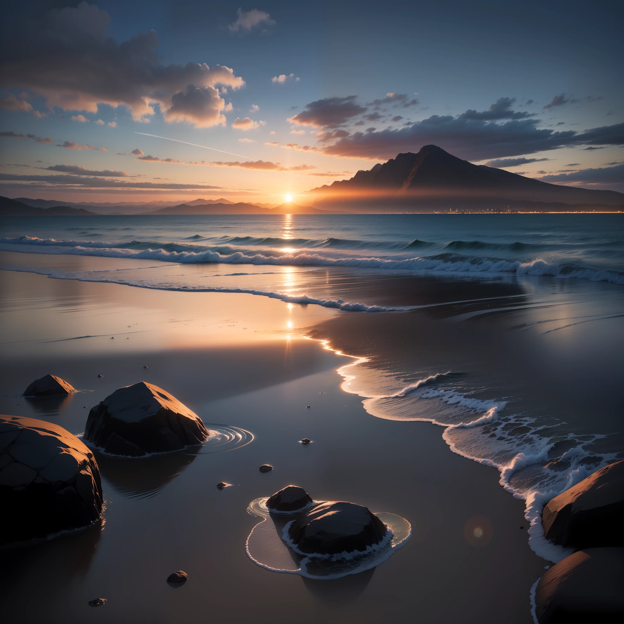 Create an image of landscape, sunset, late afternoon, seaside, with mountains, dark blue water, rays of the sun reflecting in the water, arei of the beach appearing.