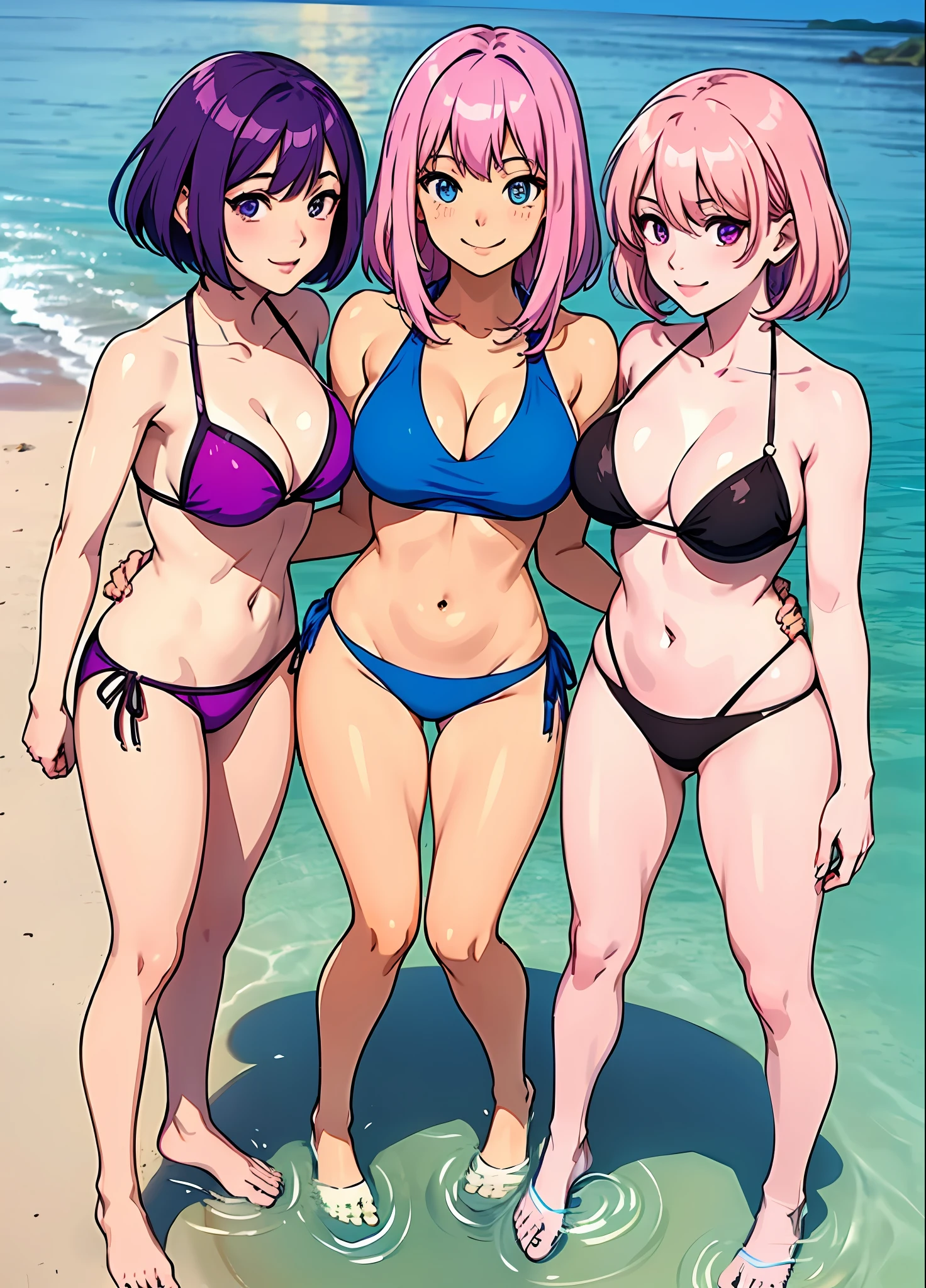 Young women 22 years: 1.3, 3 girls on the beach: 1.2, tall: 1.2, Occupation: 1.2, Daytime: 1.2, On the street: 1.2, Movie lighting, Best quality, 8k a cartoon girl with beautiful hair, teasing smiles, shoujo manga, ecchi anime style, manhwa,defined body, wet colored bikini, transparent bikini, medium breasts, standing on the lake. anime girl in bikinis in the water with a guy, each in a position((one of Pink hair fulfilled)), ((another girl with purple hair at shoulder height)), ((another girl with short blue hair)) (3 girls on the beach) (each with different bikini) (3 women)
