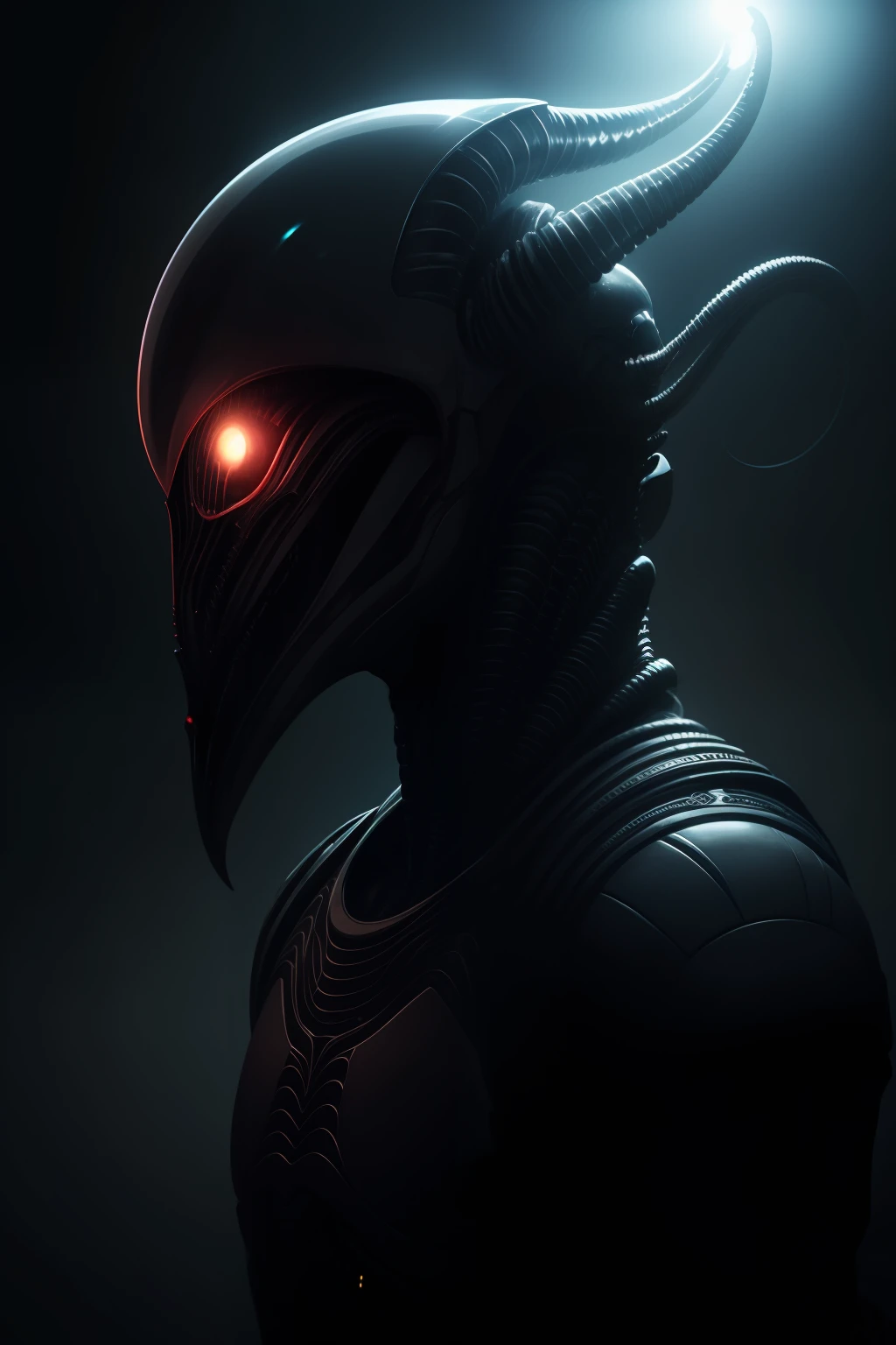 Ghostly portrait of a futuristic xenomorph alien from another dimension creator of the universe with powerful ancient magic unknown dimension
