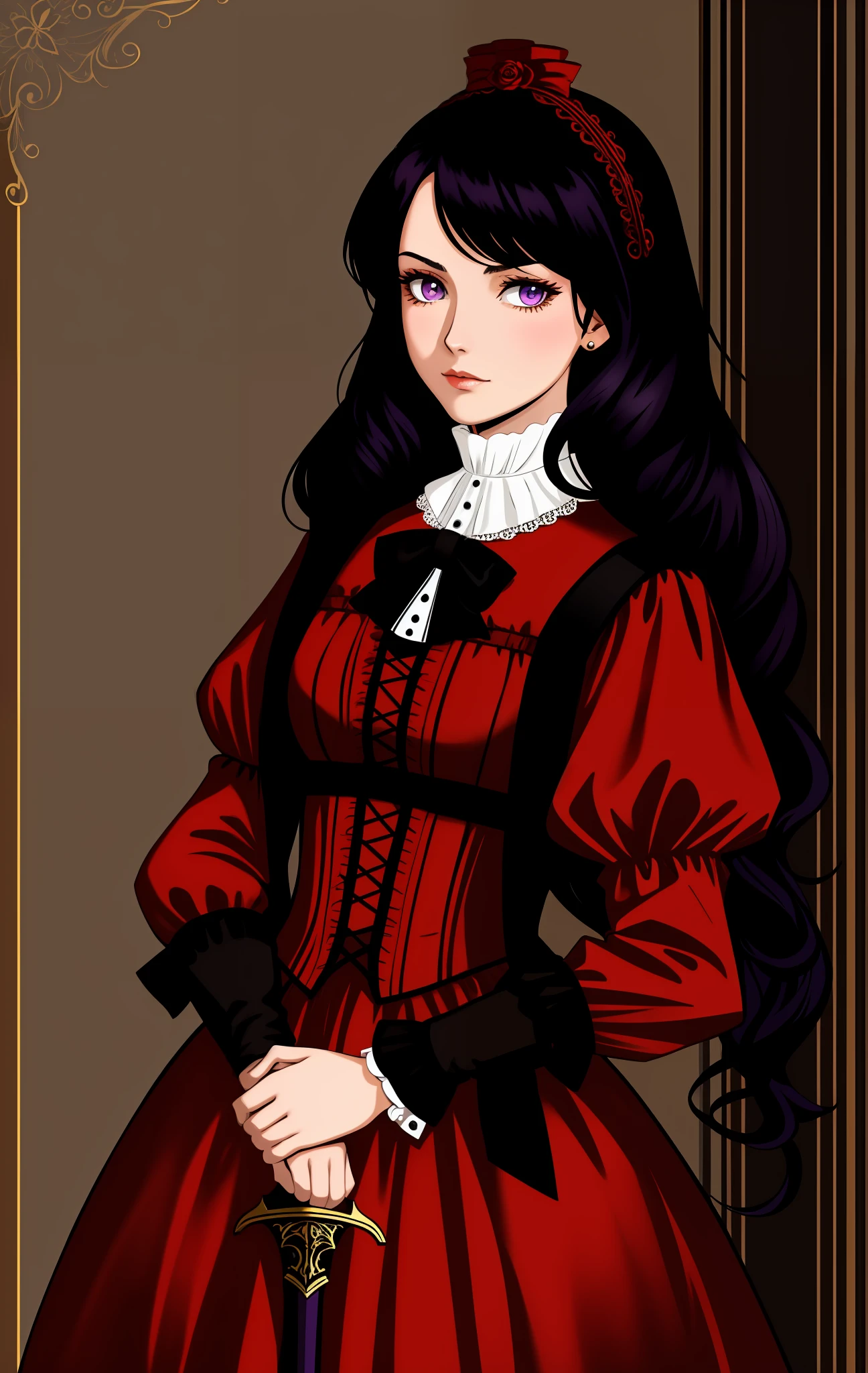 American woman, 35 years old, black hair with red locks, wearing a red dress was Victorian, with a sword, purple eyes