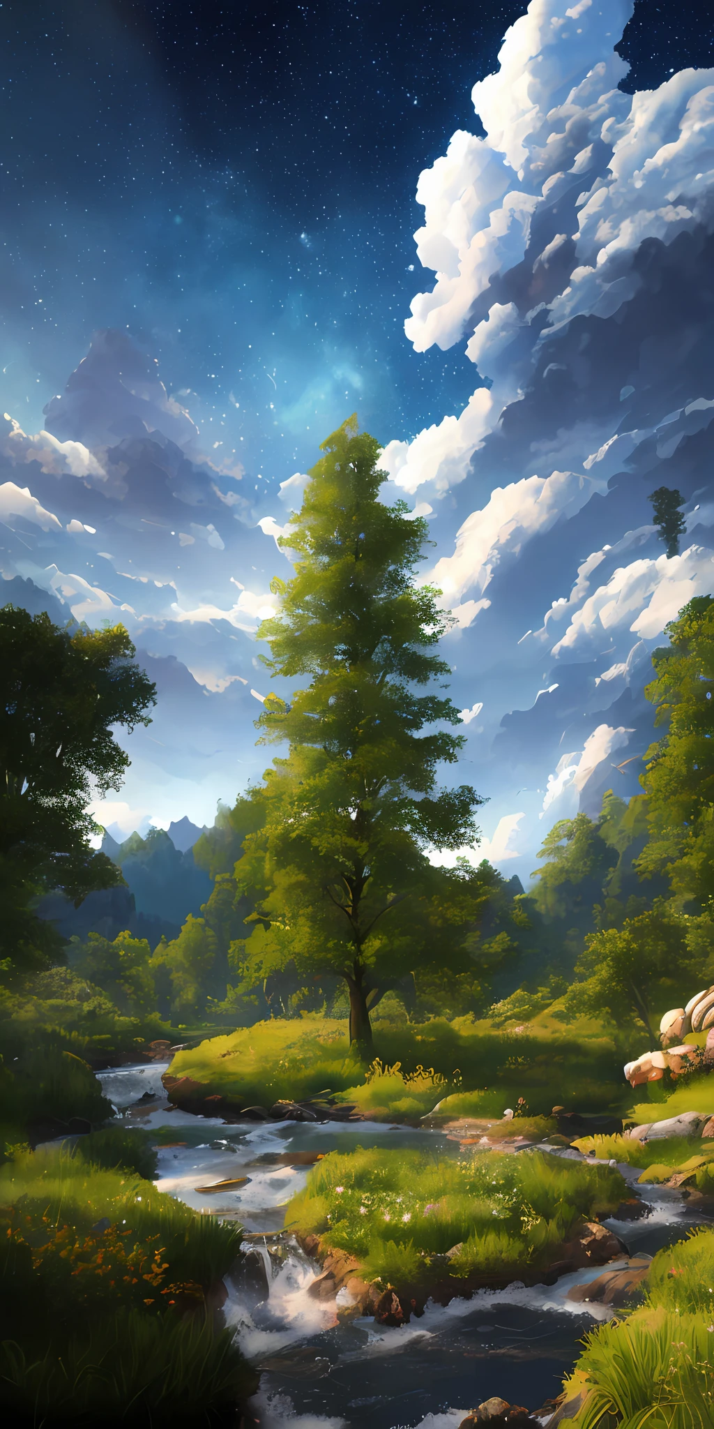 Illustration of a hyperrealistic , otherworldly, ultrasky scene featuring a giant crystal tree full body,very detailed and magical lighting, intricate forest details, vegetation and river around, solarpunk ,landscape, giant tree, beatifull leafy with beautiful lighting and realistic proportions, as if it were a cinematic background, 8k, highest quality, masterpiece, clouds and stars in the sky.