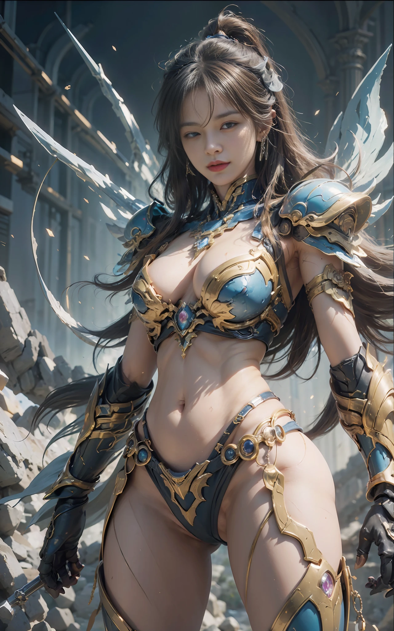 Masterpiece from Canon EOS R6, (Best Quality), (Mech: 1.3AND Saint Seiya), (Eight Crystals: 0.4), Battle Stance, Playful Smile, ((Masterpiece), (Detail: 1.4), Panorama, Wide Angle, Cinematic Lighting, (White: 1.5|Blue), (Glow FX::0.5), Solo, Glow Sword: 0.3, Textured Skin, 3D, HDR, Maximum Image Quality 16K, Crazy Detail, David La Chapelle style lens, Professional RAW Color Photos, Ray Tracing, Surrealist Detailing, Unreal Engine 5, harry winston, beautiful detailed eyes, looking at viewer, naughty_face, half-closed eyes,