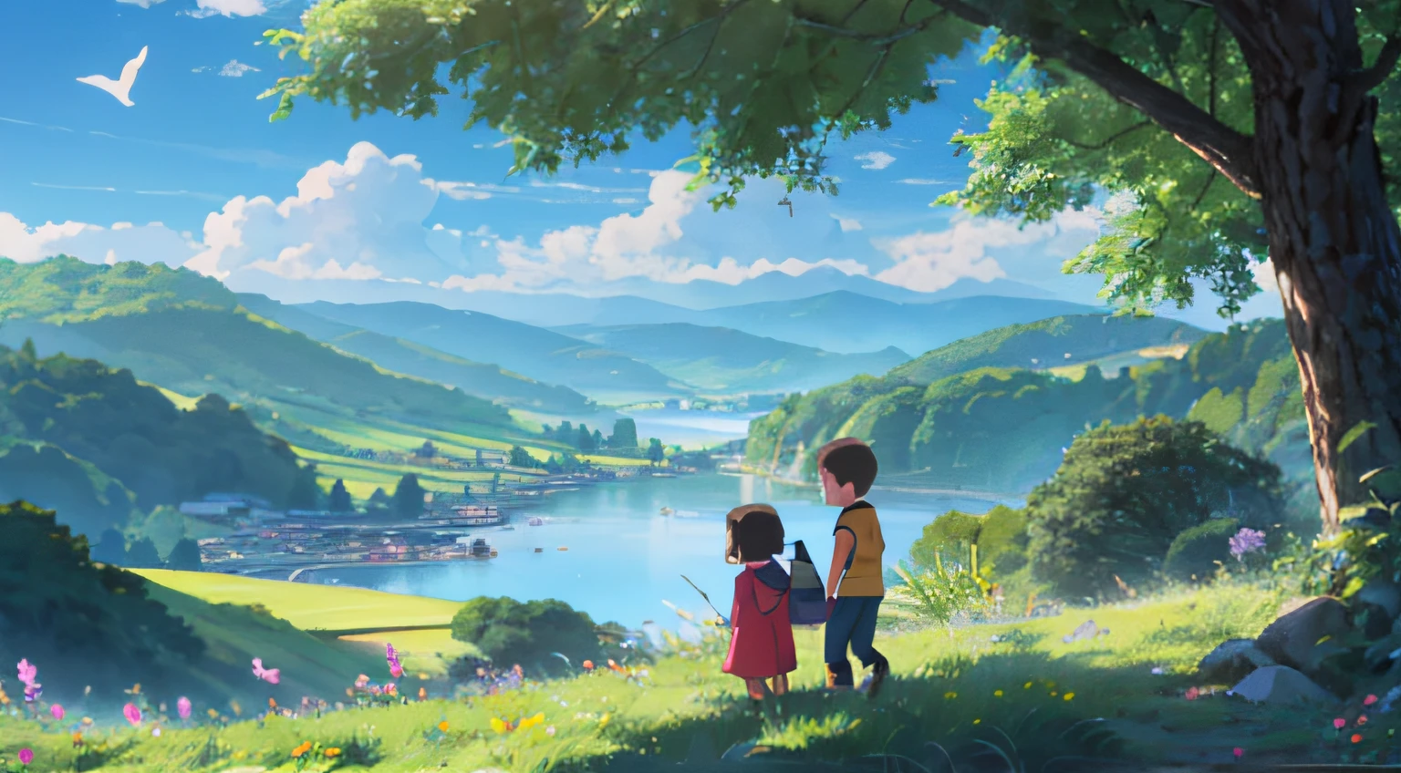 Two  looking at the distant landscape, green mountains, clear blue sky, flocks of birds flying in the sky, butterflies around, small rivers around, grass, flowers on the ground, cartoon style, warm colors