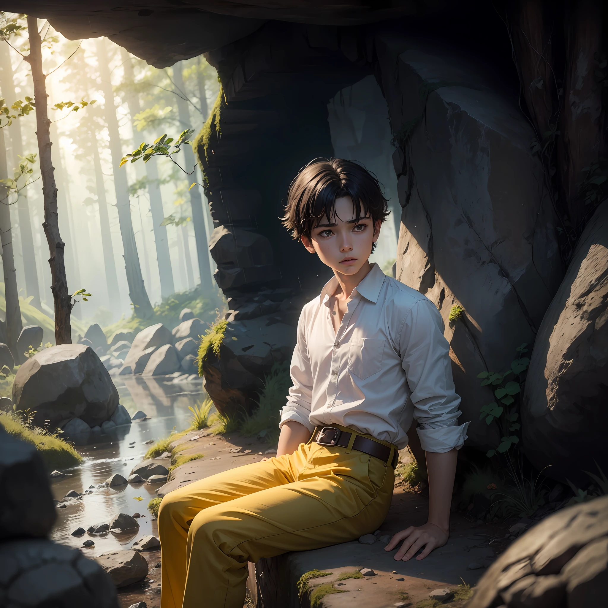 High quality realistic Anime style, high definition high quality realistic, shaded, photorealism, Ray tracing, 8k, uhd, masterpiece, small male ??? (around 9yo) alone, peasent medieval clothes white shirt with belts and leather pants, dirty clothes, black hair, distinguish and strong colored yellow eyes, sitting holding his ones, with cold, on the entrance of a cave, strong rain, dark mood, strong tempest, serious and lost expression. Stone cave in a Forrest surrounded by rain and no sunlight, bonfire
