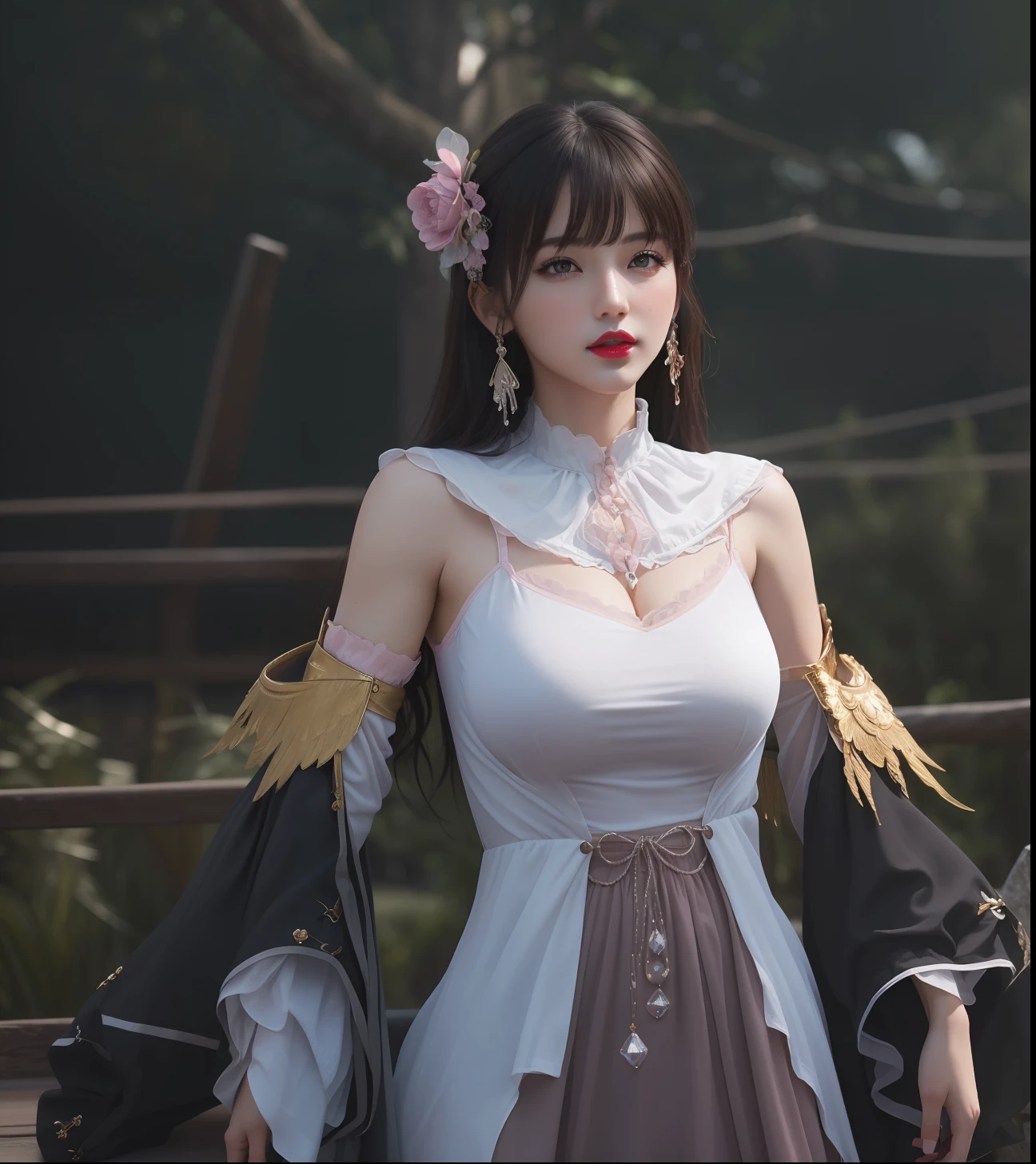 (masterpiece, best quality, extremely detailed 8k, ultra hd, ultra-detailed, highly detailed, highly realistic, ultra-realistic, photo realistic), (1girl:1.5), (detailed realistic skin), (realistic big breasts), (pink lipstick), slender abs,