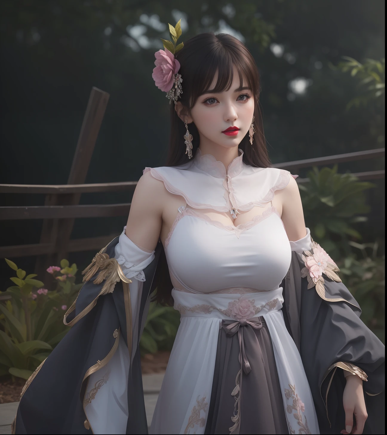 (masterpiece, best quality, extremely detailed 8k, ultra hd, ultra-detailed, highly detailed, highly realistic, ultra-realistic, photo realistic), (1girl:1.5), (detailed realistic skin), (realistic big breasts), (pink lipstick), slender abs,