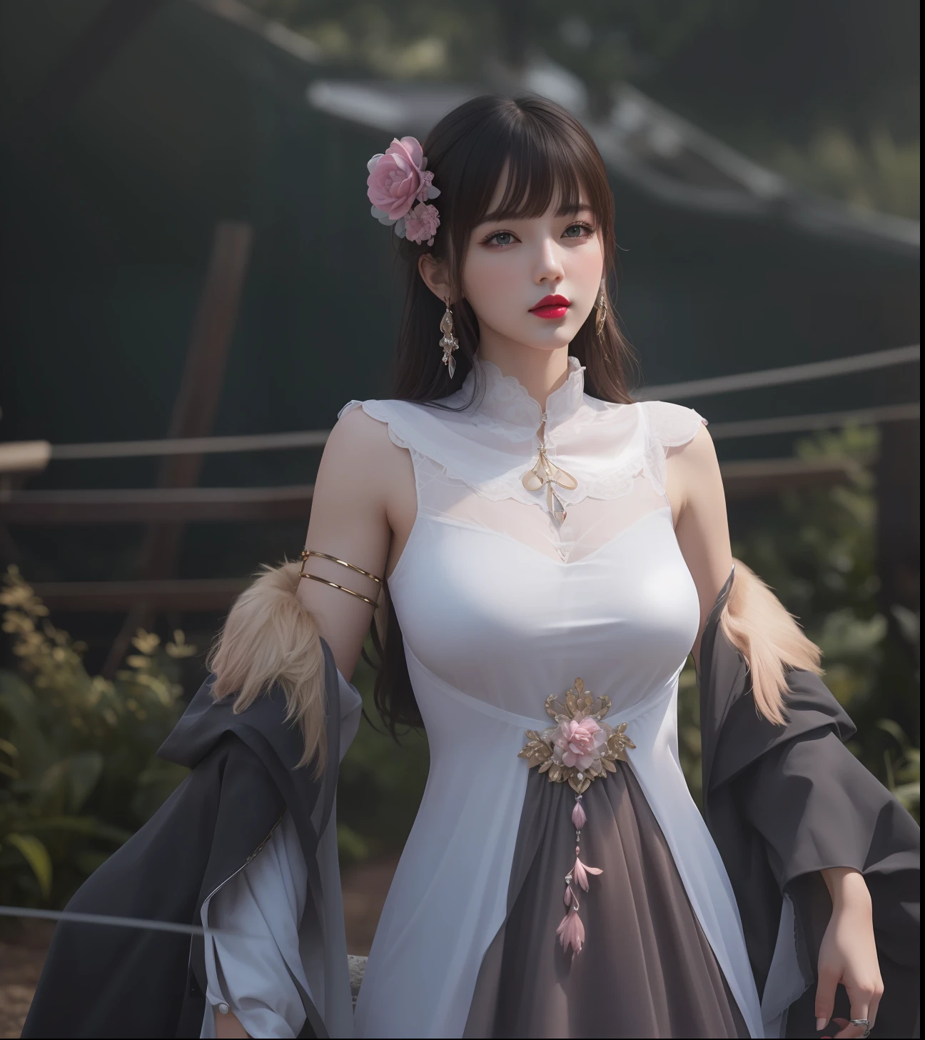 (masterpiece, best quality, extremely detailed 8k, ultra hd, ultra-detailed, highly detailed, highly realistic, ultra-realistic, photo realistic), (1girl:1.5), (detailed realistic skin), (realistic big breasts), (pink lipstick), slender abs,