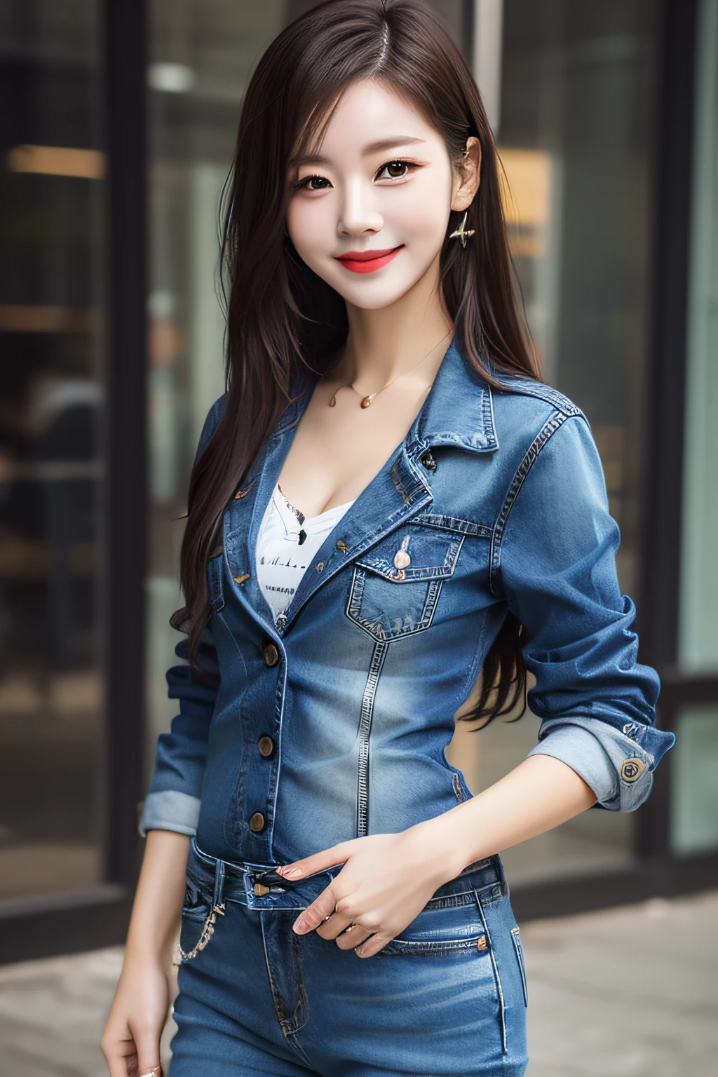 smile, denim jacket, jeans, park