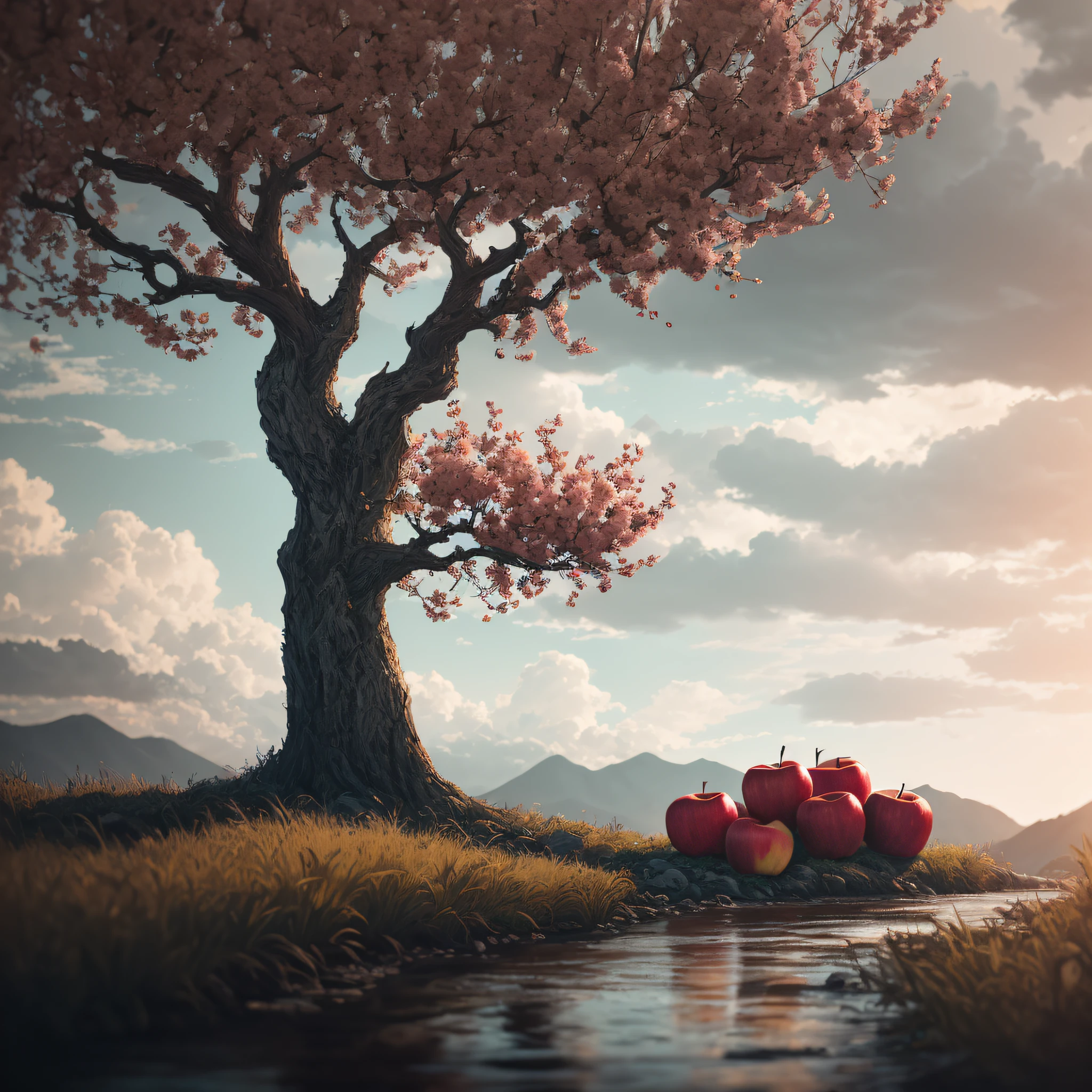 An apple tree with red apples, near a river, cloudy day, end of day, magic hour, realistic epic, portrait of, James Gilleard, by Joe Fenton, by Kaethe Butcher, yellow gradient, black, brown and magenta color scheme, grunge aesthetic!! soft cinematic light, adobe lightroom, photo lab, hdr, intricate, highly detailed, (depth of field: 1.4), faded, (neutral colors: 1.2), (hdr: 1.4) , (soft colors:1.2), hyperdetailed, (artstation:1.4), cinematic, warm lights, dramatic light, (intricate details:1.1), complex background, (rutkowski:0.66), (blue and orange:0.4)