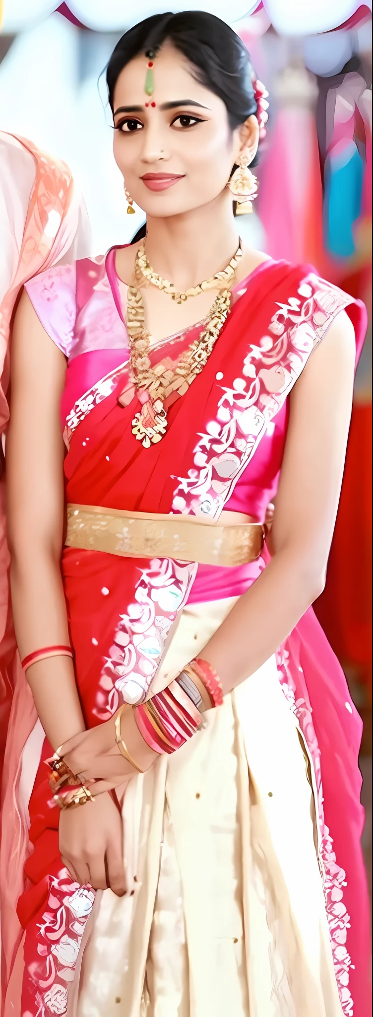 a woman in a red and white dress standing next to a man, very beautiful enga style, wearing bihu dress mekhela sador, wearing sari, traditional, sari, indian style, traditional beauty, wearing a sari, white and pink cloth, wearing intricate, adorned with precious stones, with lovely look, dressed in a sari, details galore